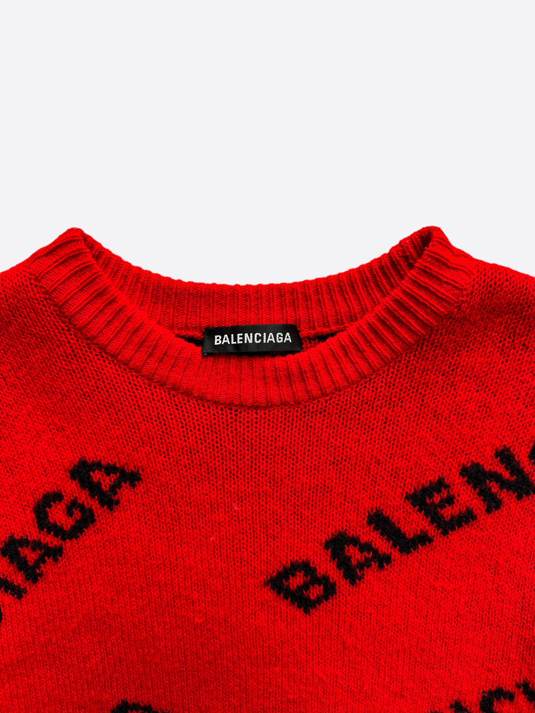 Balenciaga Red & Black All Over Logo Knit Sweater for Men & Women | Trendy Oversized Pullover | Perfect for Winter Fashion & Casual Outfits