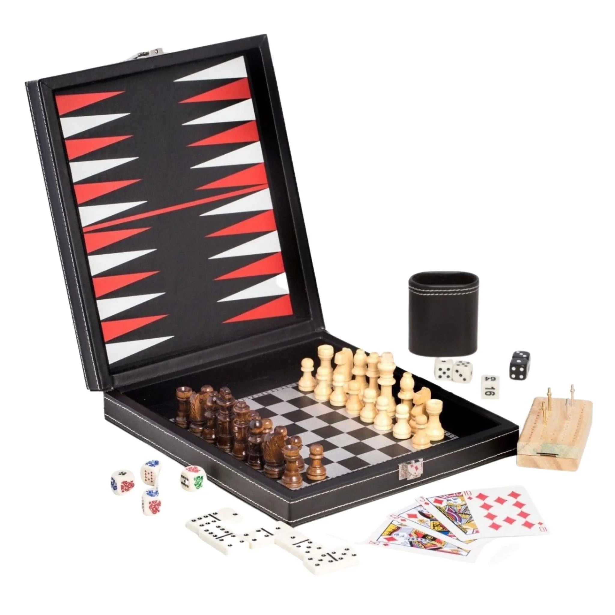 5-in-1 Multi Game Set with Chess, Checkers, Backgammon & More - Premium Black Leatherette Travel Case - Perfect for Family Game Nights, Travel & Indoor Entertainment