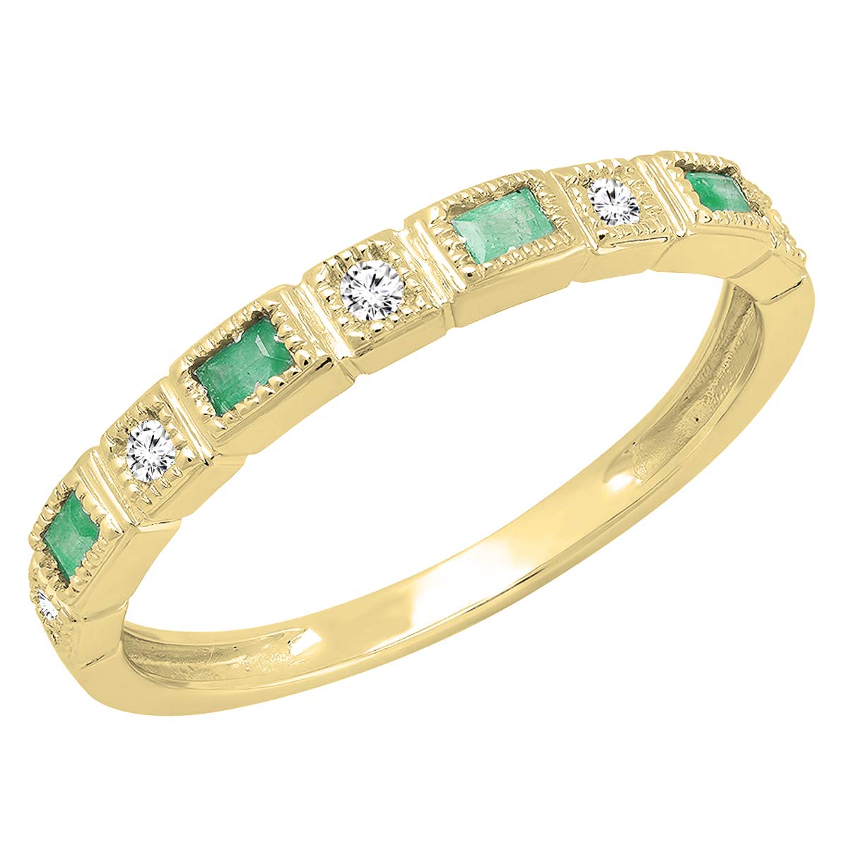 14K Solid Gold Baguette Emerald & Round White Diamond Women's Anniversary Wedding Band Ring - Perfect for Engagements, Anniversaries & Special Occasions