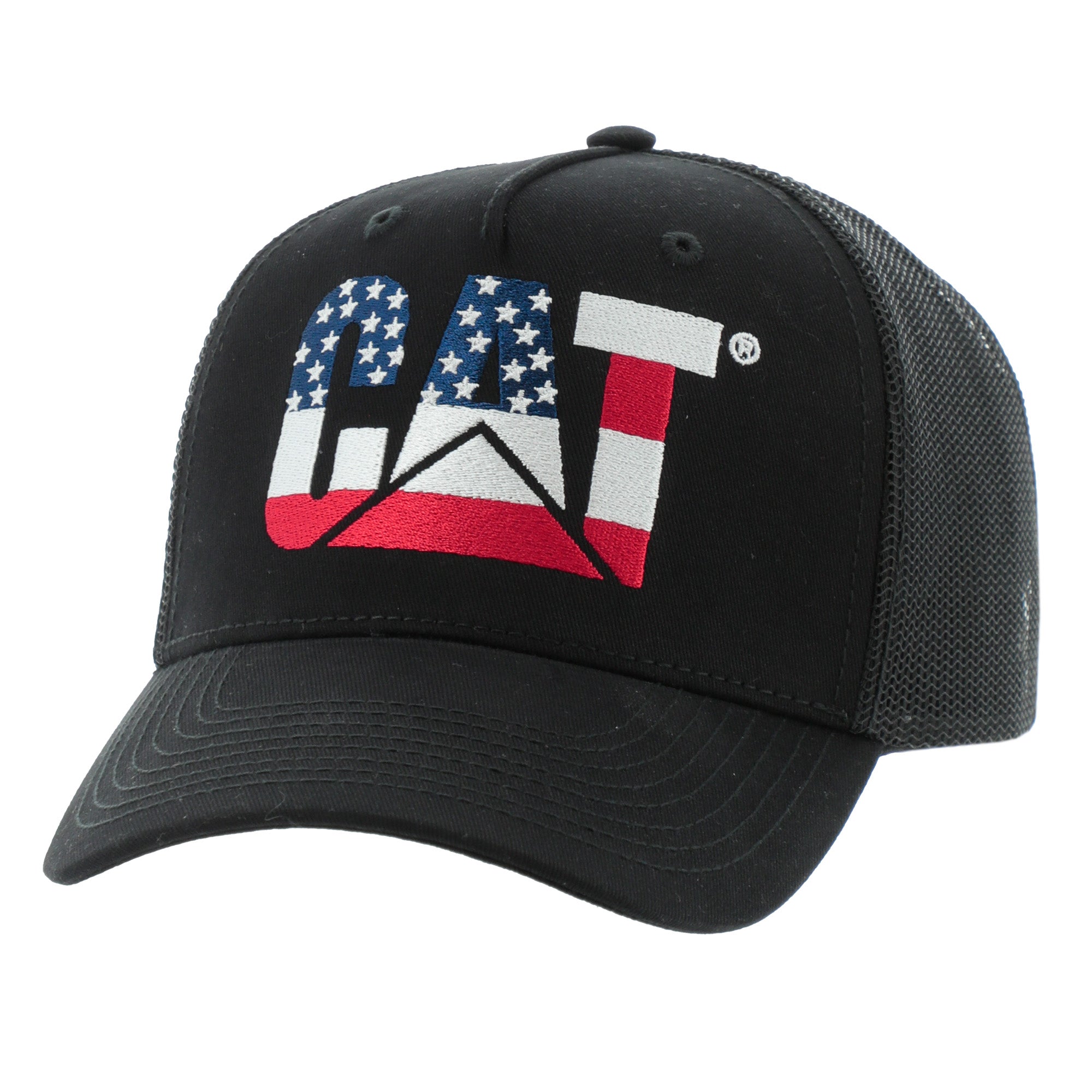 CAT American Flag Logo Trucker Hat - Adjustable Snapback Cap for Men & Women - Perfect for Outdoor Work, Sports, and Patriotic Events