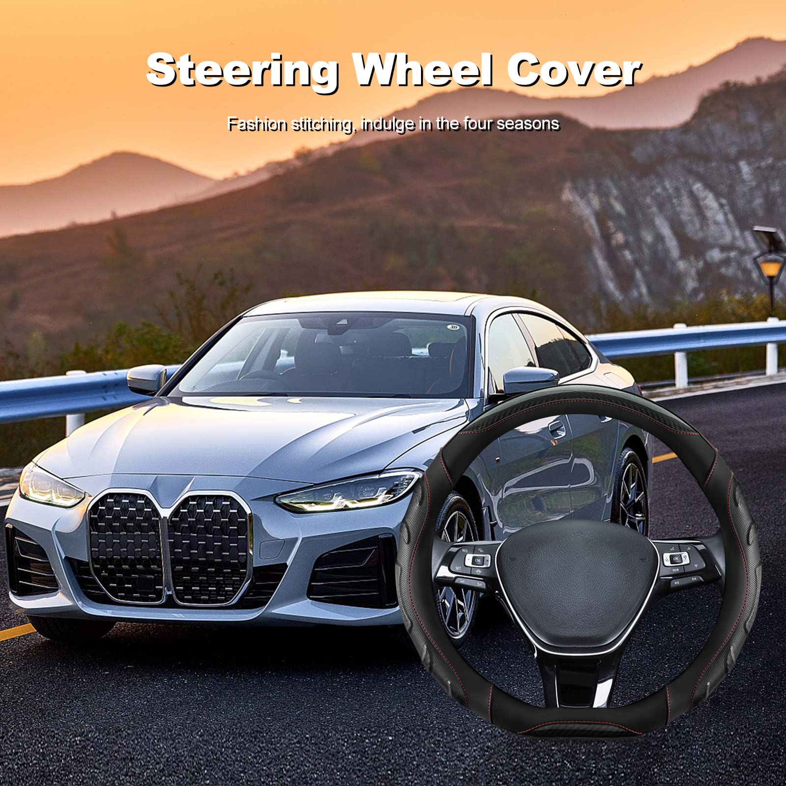 Premium D-Shaped Sport Steering Wheel Cover - Breathable Anti-Slip Carbon Fiber & Microfiber Leather - 15