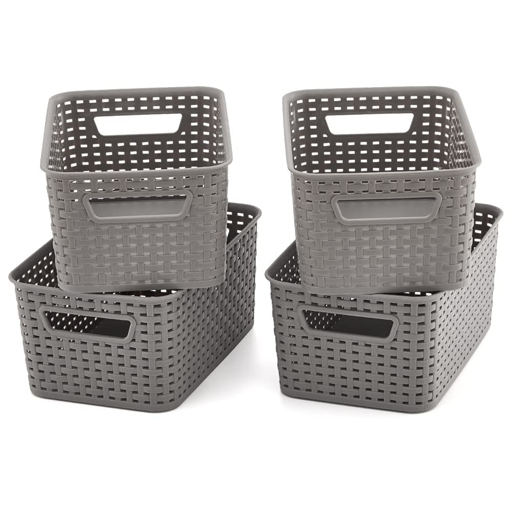EZOWare 4 Pack Gray Plastic Woven Storage Baskets with Handles - 11x7.3x5 Inch Organizer Bins for Kids Toys, Classroom Supplies, Nursery Organization & Home Decor - Perfect for Playroom, Closet & Bathroom Storage