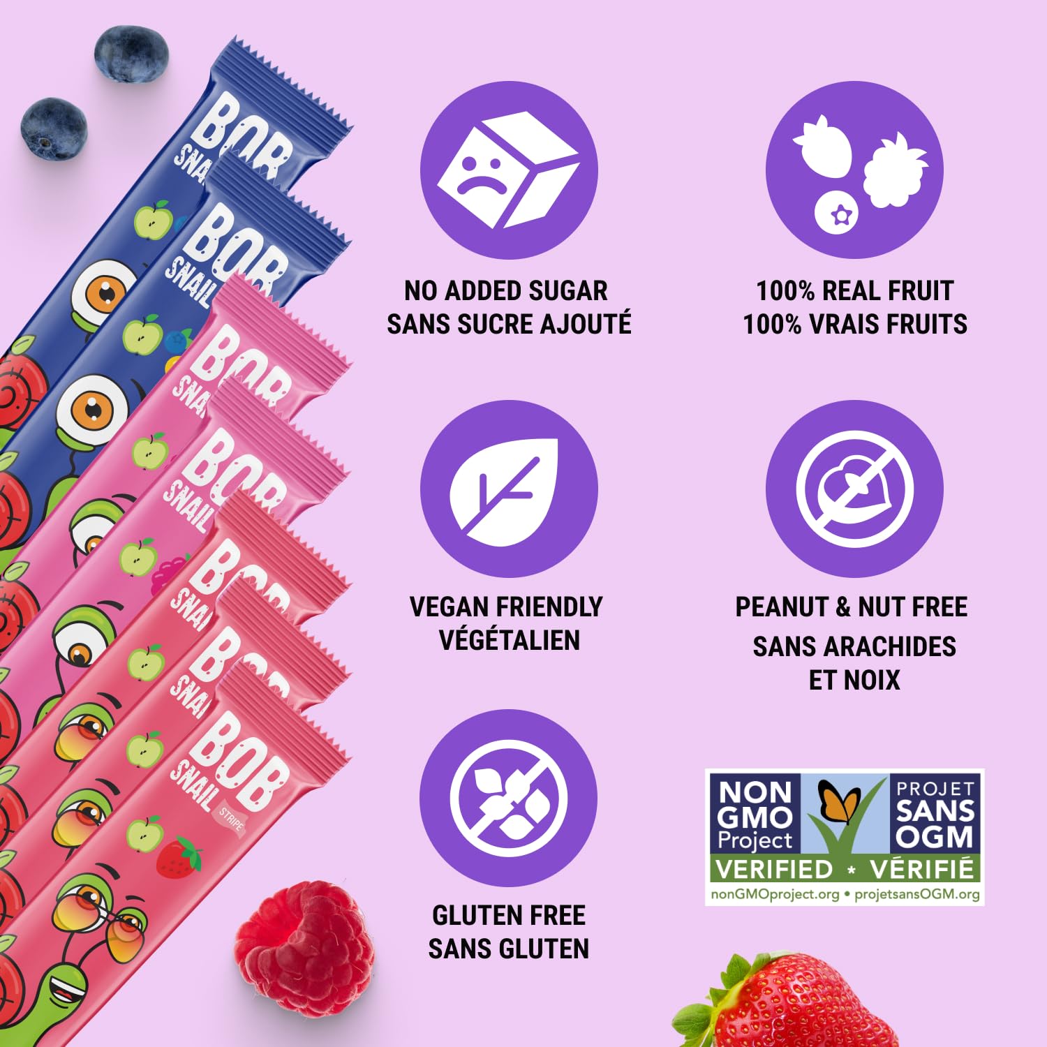 Bob Snail Fruit Stripes Berry Mix Family Pack - All Natural Healthy Snacks for Kids, Nut Free Fruit Roll Ups with Dried Blueberry, Raspberry & Strawberry, Sugar Free Sour Candy, 42 Pieces (588g) - Perfect for School Lunches, Birthday Parties & On-the-Go Snacking