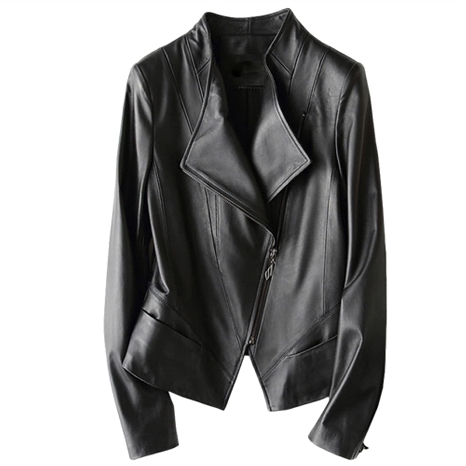 Women's Black XXX-Large Slim Fit Leather Jacket with Zipper & Stand Collar - Autumn Winter Motorcycle Biker Jacket for Casual Outfits & Outdoor Adventures