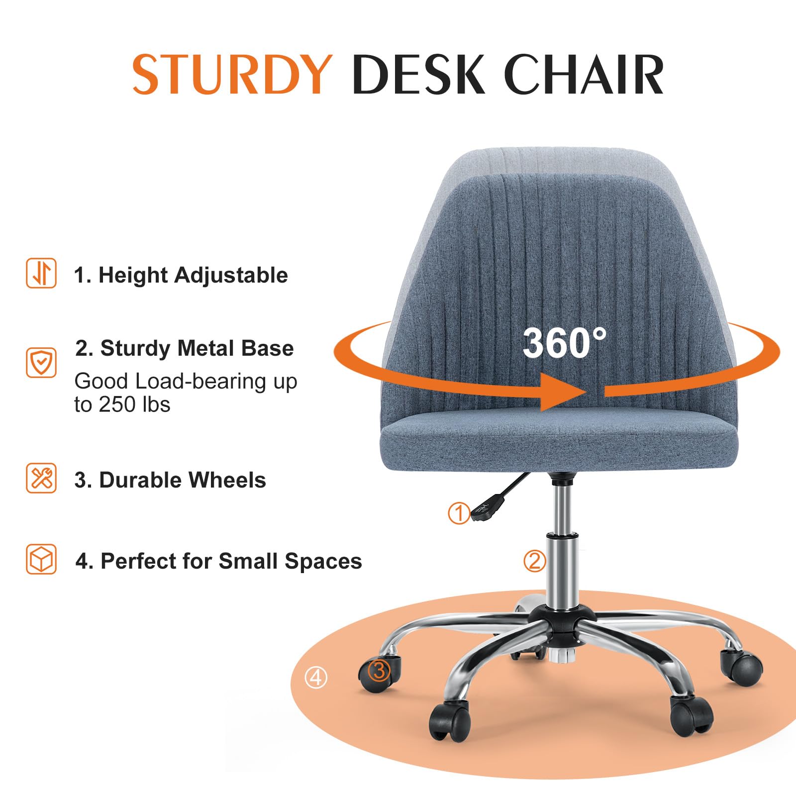 Sweetcrispy Armless Office Chair - Modern Fabric Ergonomic Desk Chair with Wheels, Adjustable Height Swivel Task Chair for Home Office, Computer Work & Small Spaces | Perfect for Compact Workspaces, Gaming & Vanity Areas