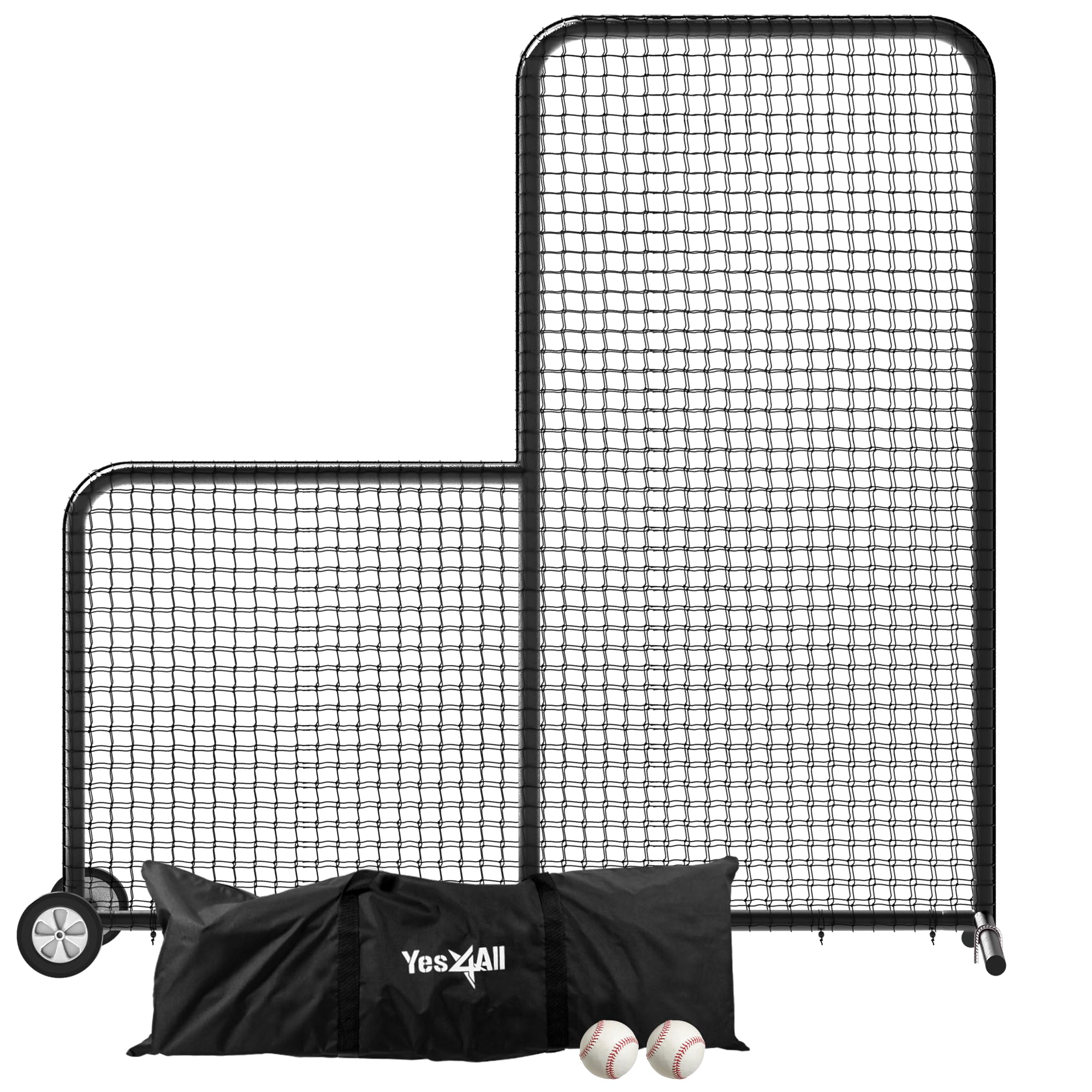 Yes4All 7x7ft Portable L-Screen Baseball Net with 2 Baseballs & Rubber Wheels - Double Layer Protective Pitching Screen for Batting Practice, Training, and Games - Includes Carry Bag for Easy Transport