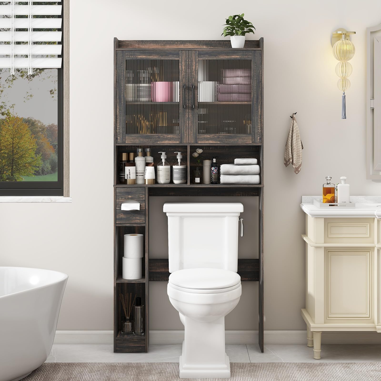 Farmhouse Style Over-The-Toilet Storage Cabinet with 2 Acrylic Wave Doors - Space Saving Bathroom Organizer for Toiletries, Towels & Laundry Supplies - Perfect for Small Bathrooms, Powder Rooms & Apartment Living