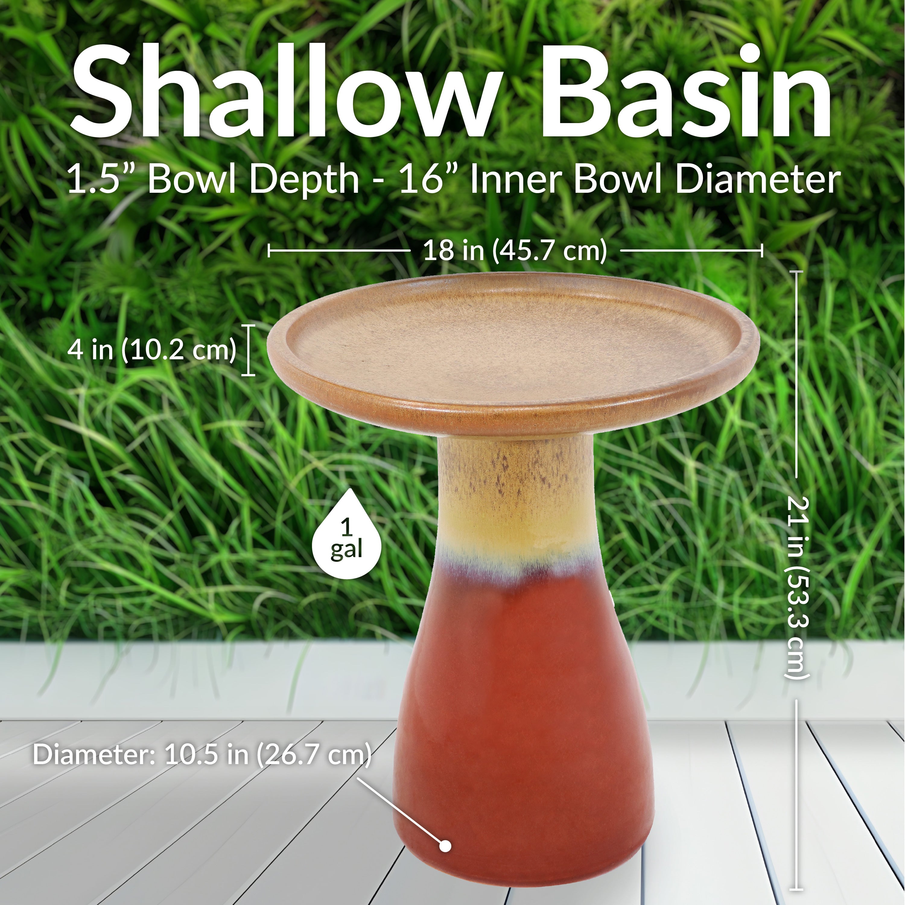 Sunnydaze 18 Inch Glazed Ceramic Outdoor Bird Bath - Garden Decor for Attracting Birds & Enhancing Outdoor Spaces