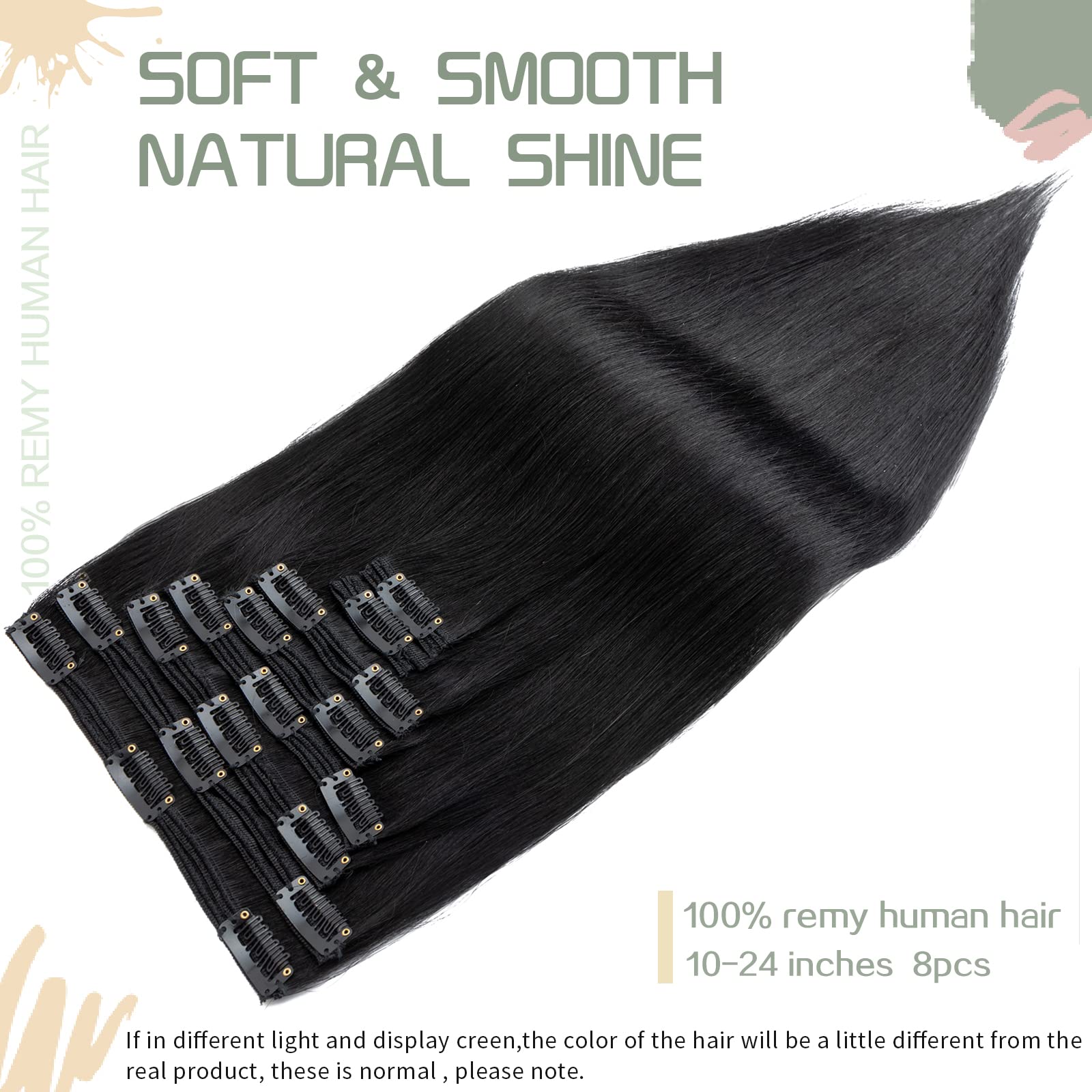 S-noilite 100% Remy Human Hair Clip-in Extensions - 8 Piece Double Weft Set (24 Inch, Jet Black #1) for Thick Voluminous Hair - 18 Clips for Secure Fit - Straight & Silky Natural Look - Perfect for Daily Wear, Parties & Special Occasions