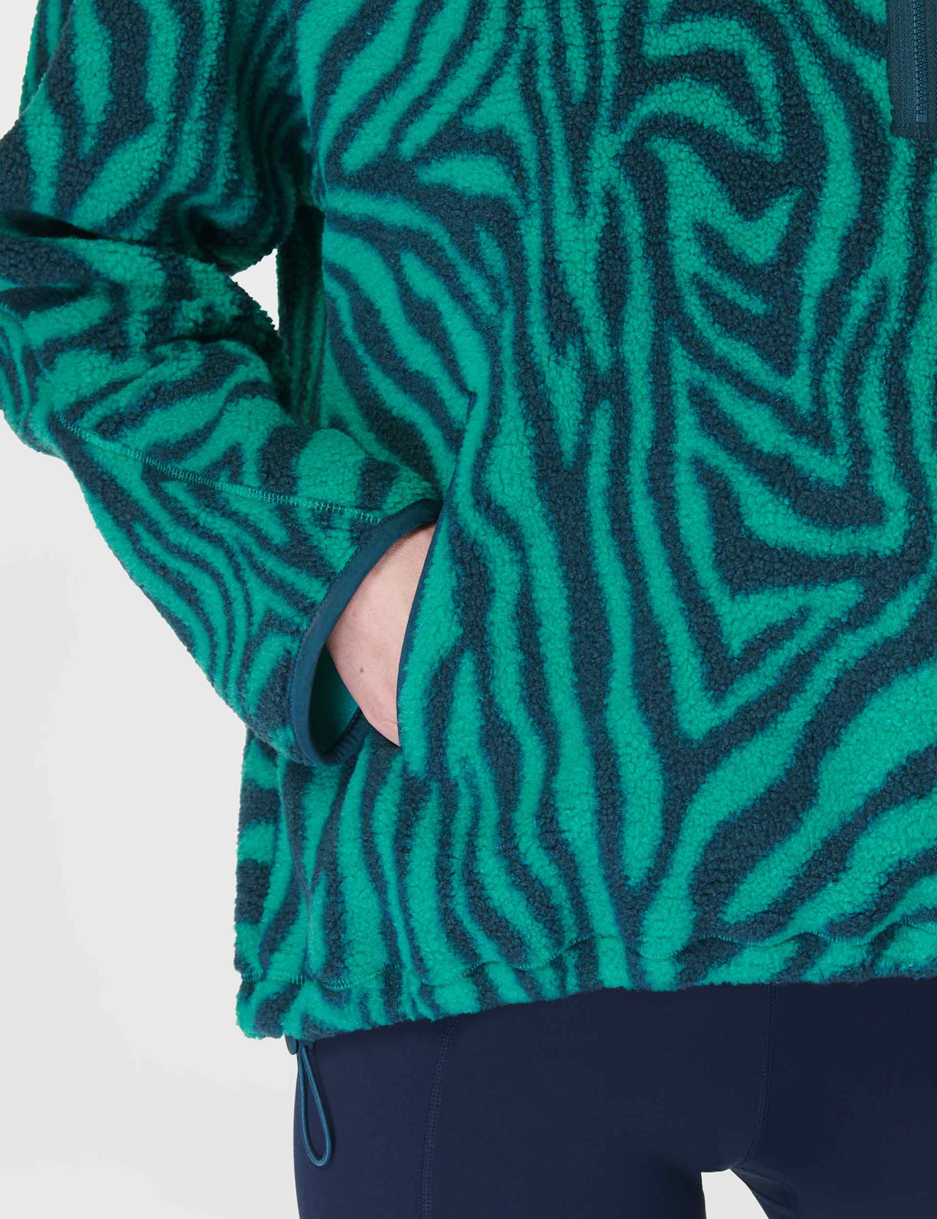 Karma Fleece Half Zip Pullover - Green Abstract Zebra Print Fleece Jacket for Men & Women | Cozy Outdoor Hiking & Casual Winter Wear
