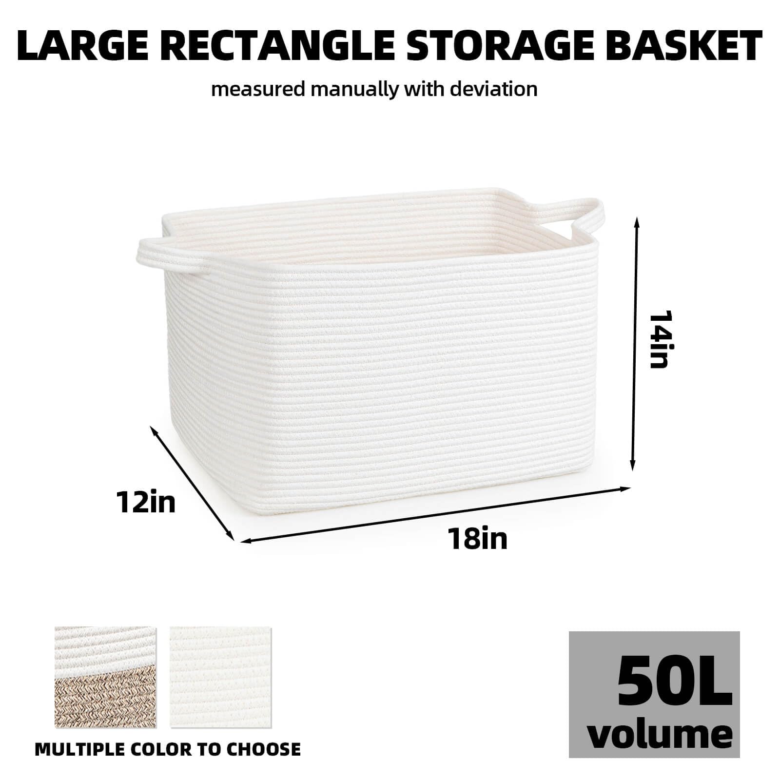 ZLG 50L White Rectangle Storage Basket with Handles - Nursery Cotton Rope Clothes Organizer, Shelf Basket for Towels & Home Essentials - 18 x 14 x 12 Inches - Perfect for Bedroom, Bathroom & Laundry Room Storage