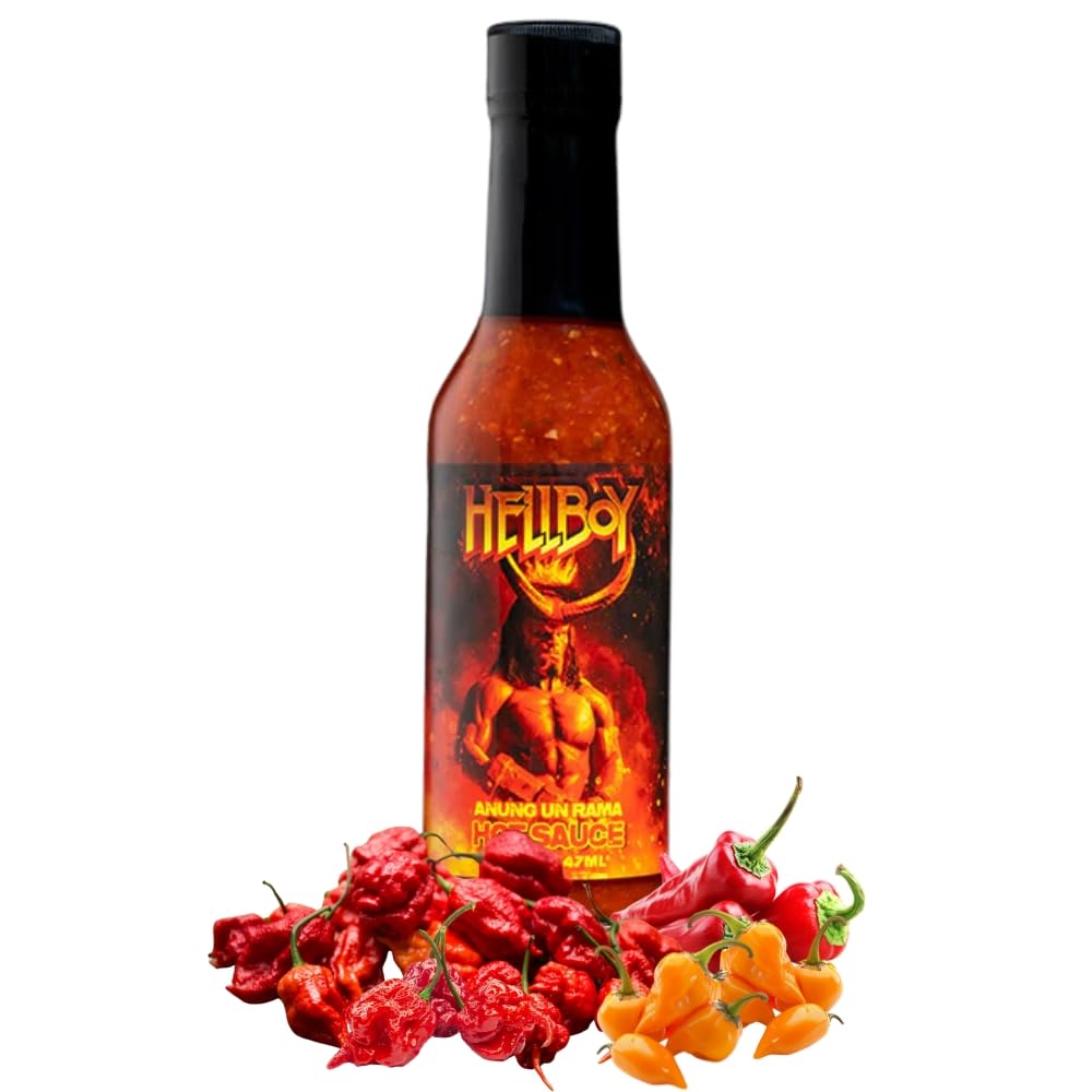 HELLBOY ANUNG UN RAMA Hot Sauce - Officially Licensed 2019 Movie Hot Sauce with Bhut Jolokia & Trinidad Scorpion Peppers | Spicy Gift for Movie Fans, Hot Sauce Lovers & BBQ Enthusiasts | Perfect for Wings, Tacos, Burgers & Hellboy Movie Nights
