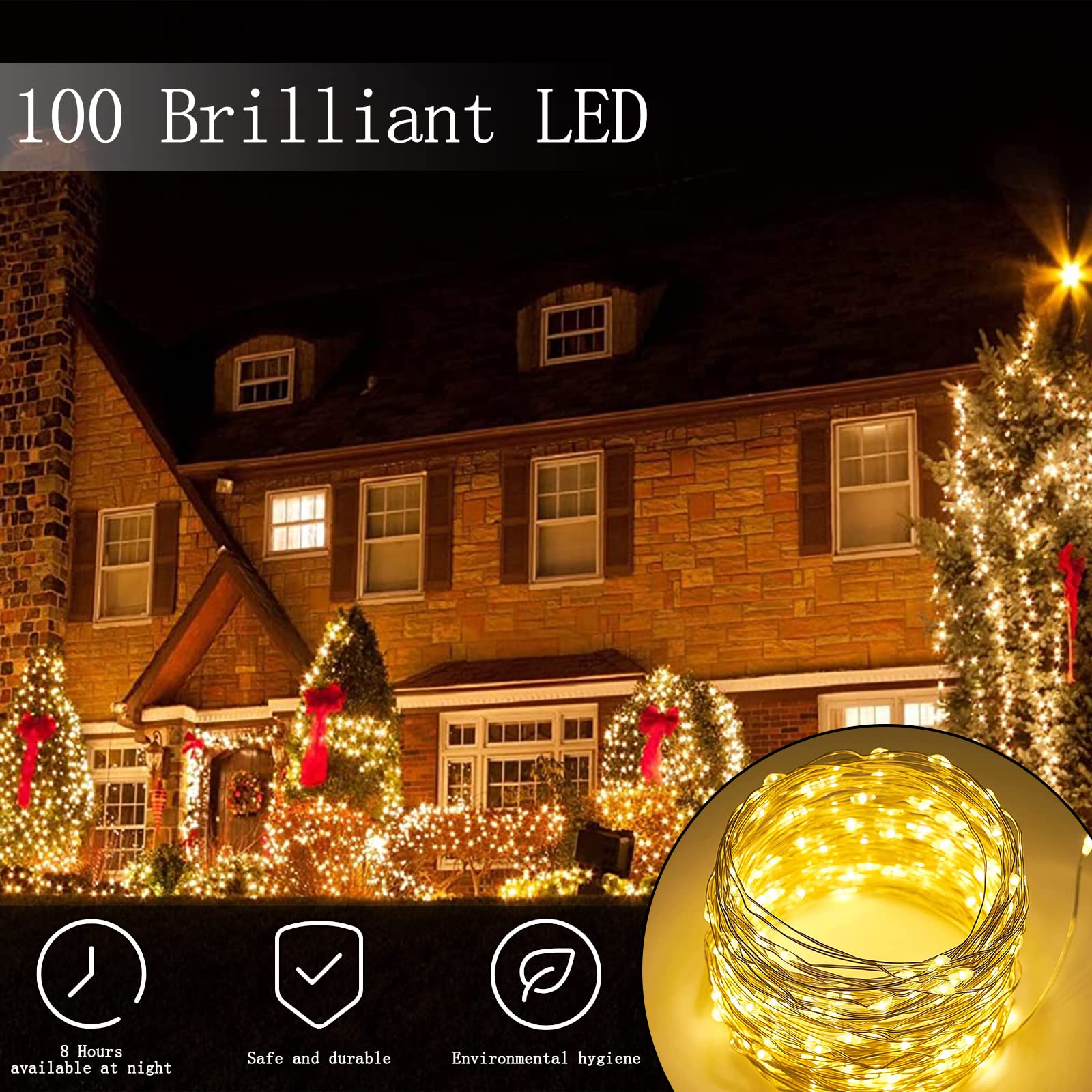 100 LED 33ft Solar String Lights Outdoor Waterproof - Warm White Fairy Lights for Christmas, Garden, Wedding, Party & Holiday Decorations - Perfect for Patio, Pathway, Lawn and Backyard Lighting