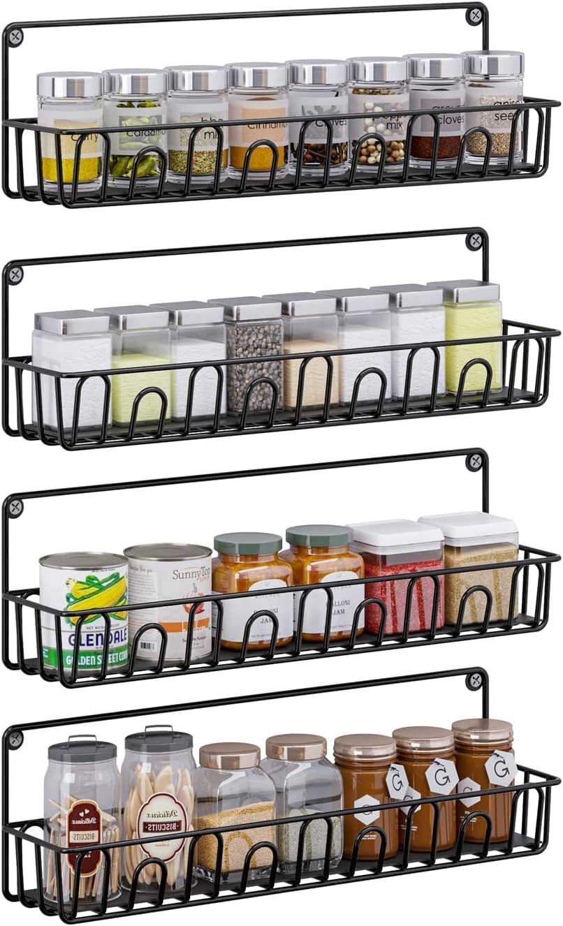 OROPY 4-Tier Spice Rack Wall Mount - No Drill Spice Jar Holder with 12 Removable Hooks, Adhesive or Screw Mount Kitchen Organizer for Spices, Seasonings - Perfect for Pantry, Bathroom, Garage Storage (Black)