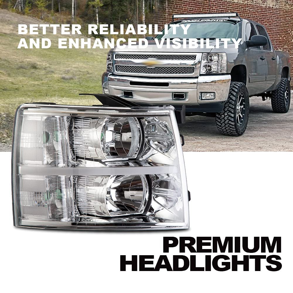 G-PLUS LED DRL Headlights for 2007-2014 Chevy Silverado 2500 3500 HD & 2007-2013 Silverado 1500 - Clear Lens Chrome Housing Headlamps with Clear Reflector - Perfect for Night Driving & Off-Road Adventures