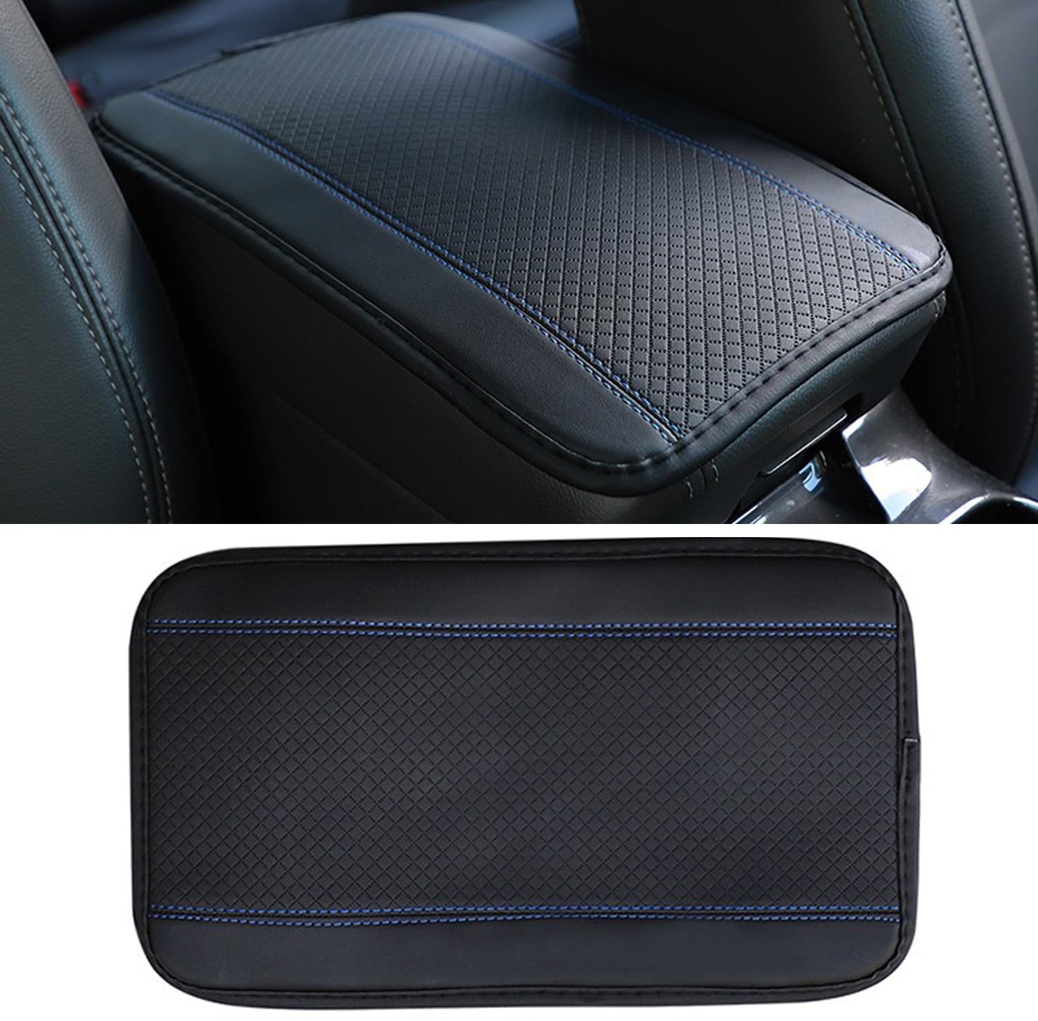Premium PU Leather Car Center Console Cover - Universal Waterproof Armrest Box Pad Protector for Most Cars, Trucks & SUVs | Interior Car Accessories (Black-Blue) | Perfect for Road Trips & Daily Commuting