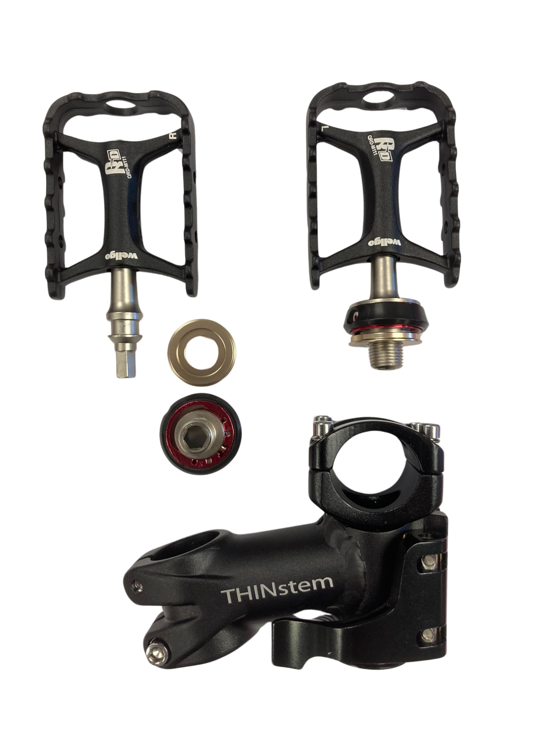 Flat Pedals & 1” Bicycle Stem Set - Folding Bike Stem & Wellgo Pop-Off Road Bike Pedals with Latches - Easy Install & Detach Bike Accessories - Space Saving Flatten Your Bike Kit by Flatbike - Perfect for Commuting, Storage & Travel