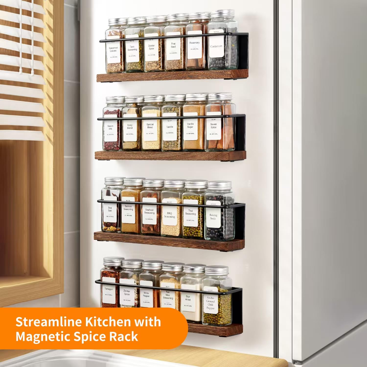 Premium Magnetic Spice Rack Set - 24 Glass Jars with 216 Custom Labels & Steel Funnel - Space-Saving Spice Organizer for Refrigerator, Microwave, Kitchen Cabinet - Perfect for Home Cooking & Baking Organization