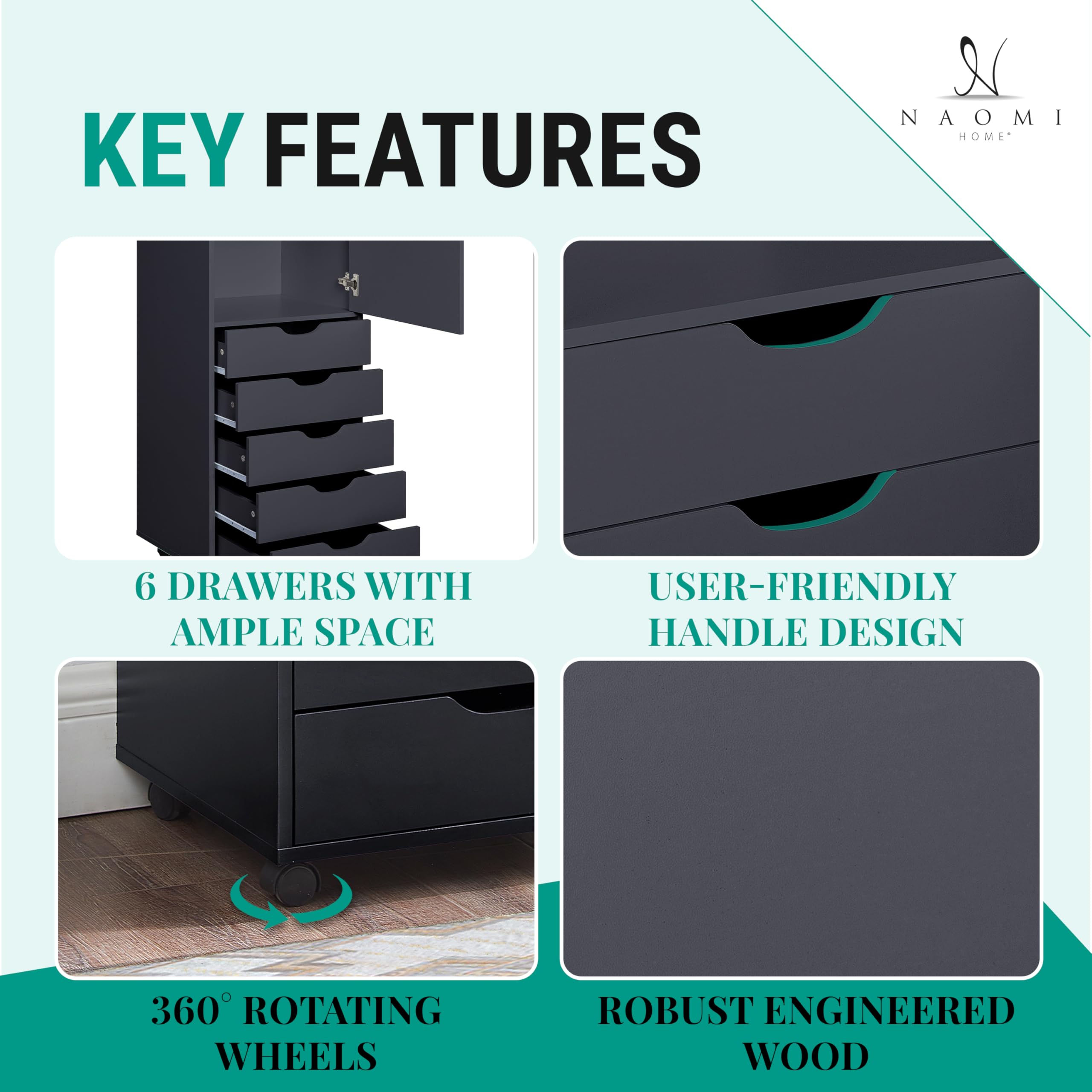 Naomi Home 6-Drawer Rolling Storage Chest - Black Office Organizer Cabinet for Files, Supplies & Stationery | Ideal for Home, Office & Classroom Organization