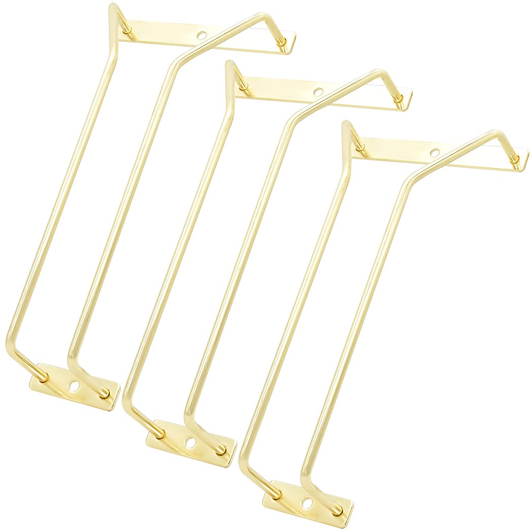 8.8-Inch Under Cabinet Wine Glass Holder - Stainless Steel Stemware Rack for Kitchen, Bar & Dining Room - Gold Hanging Wine Glass Organizer (Set of 3) - Perfect for Small Spaces & Entertaining Guests