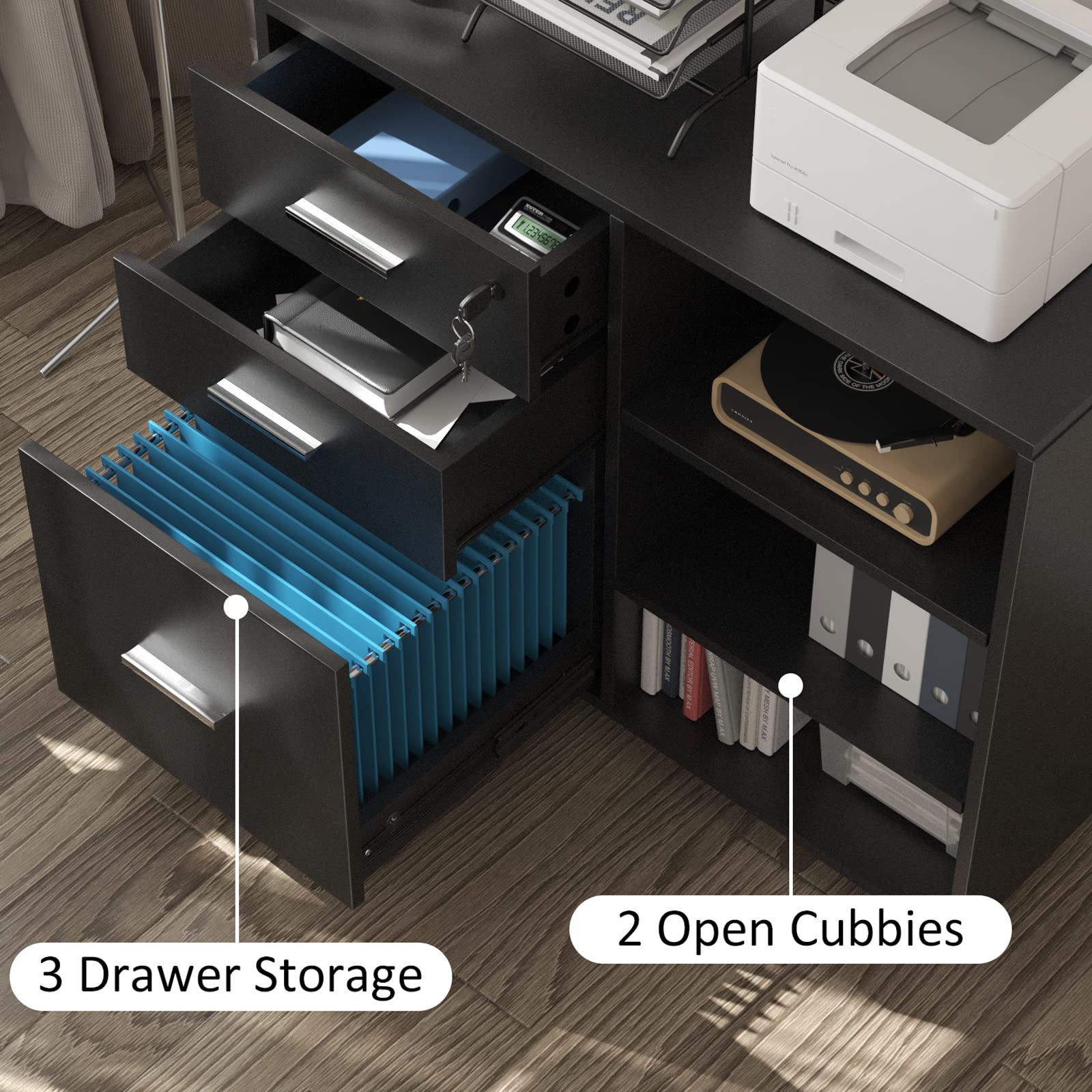 JUMMICO 3-Drawer Mobile File Cabinet - Wooden Lateral Filing Cabinet with Lock, Printer Stand & Adjustable Storage Shelves for Home Office Organization | Perfect for Documents, Office Supplies & Workspace Storage