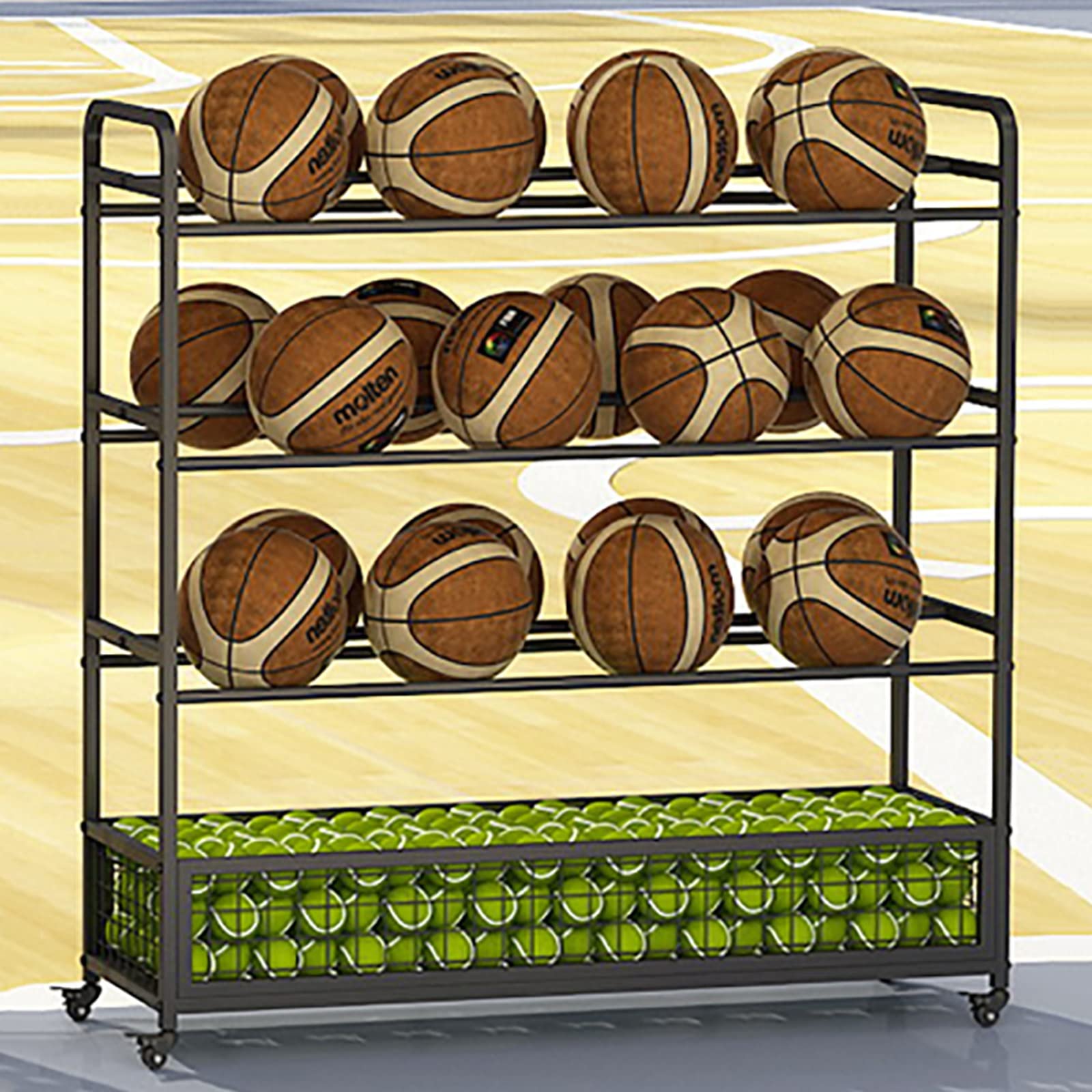 4-Tier Heavy Duty Sports Equipment Rack on Wheels for Basketball & Outdoor Gear - Black