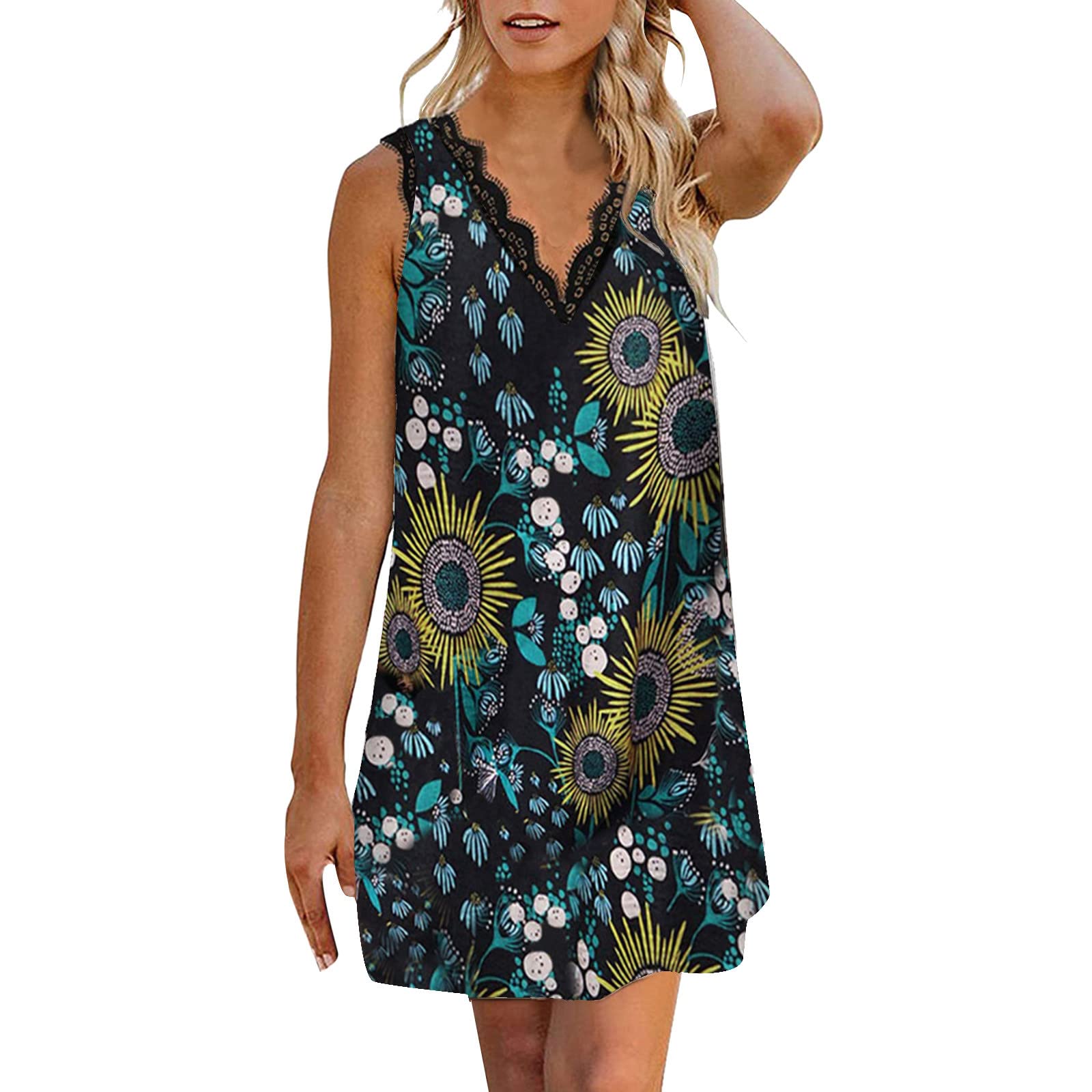 Women's Floral Print V-Neck Lace Trim Tank Dress - Loose Sleeveless Summer Mini Dress for Casual Wear & Parties (Black, Size L) | Perfect for Beach Outings, Date Nights & Summer Events