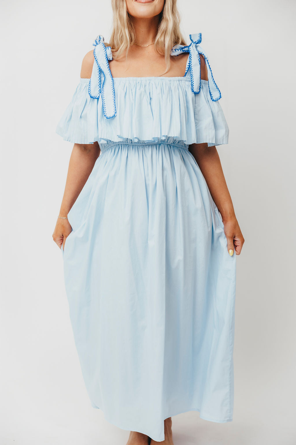 Aviva 100% Cotton Pleated Off Shoulder Midi Dress - Light Blue Summer Dress for Beach, Wedding & Casual Outings