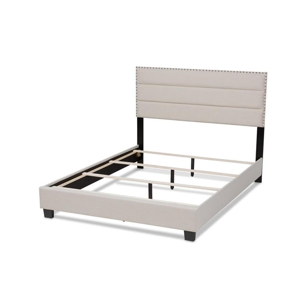 BOWERY HILL Queen Size Beige Fabric Upholstered Bed Frame with Wooden Slats - Modern Upholstered Platform Bed for Bedroom, Guest Room & Master Suite