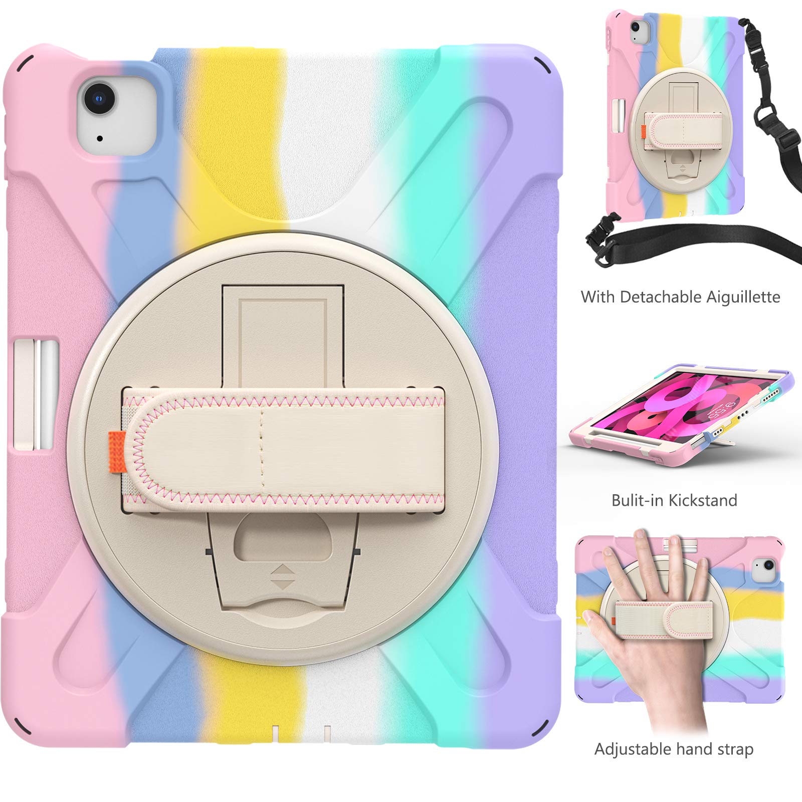 4th Gen iPad Air 10.9 Case & iPad Pro 11 Case - 360° Rotatable with Hand Strap, Adjustable Shoulder Strap, Stand & Pencil Holder | Military Shockproof Silicone Cover (Pink) | Perfect for Travel, Work & Outdoor Activities