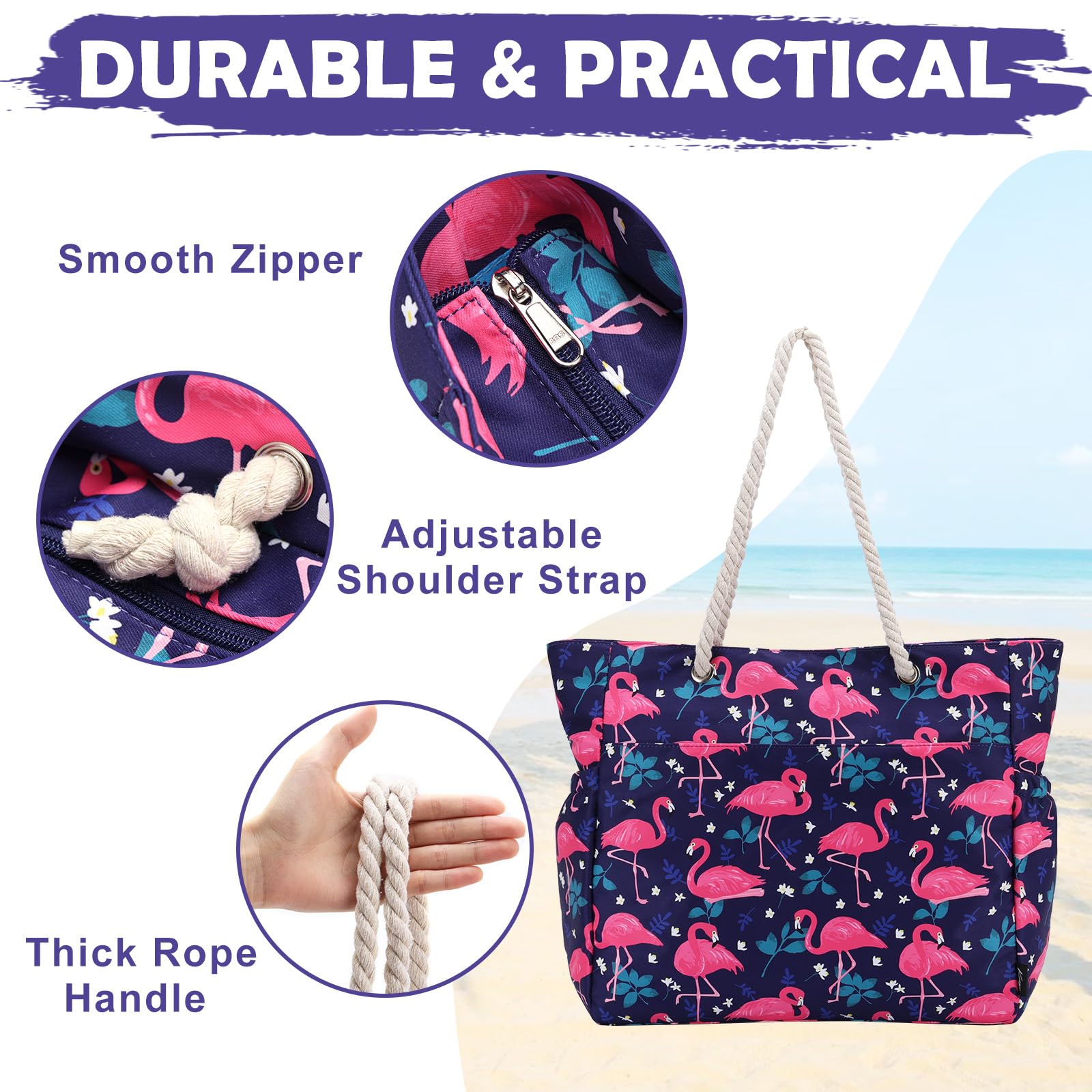 Kasqo Large Waterproof Beach Tote Bag for Women with Zipper & Small Pouch - Perfect for Swimming, Pool, Grocery Shopping, Travel & Vacation Essentials