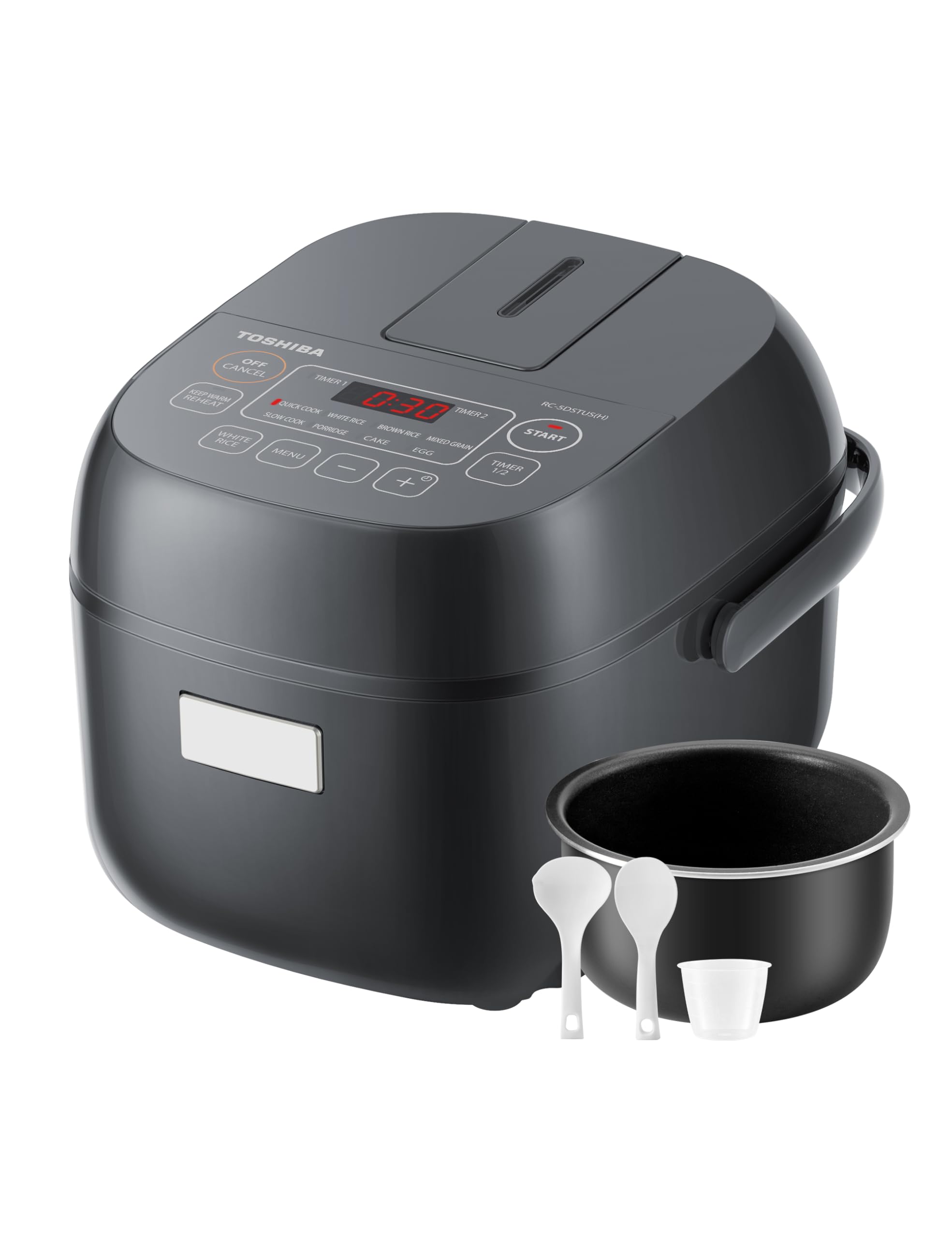 TOSHIBA 3-Cup Rice Cooker with LCD Display – 8 Cooking Functions for Rice, Oatmeal & Mixed Grains | Non-Stick Inner Pot | Perfect for Small Kitchens, Dorms & Office Use (Grey)