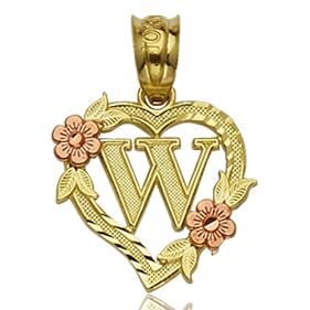 10K Yellow Gold Alphabet Initial Charm Necklace Pendant with Heart & Rose Border - Personalized Jewelry Gift for Women, Birthday, Anniversary, Valentine's Day