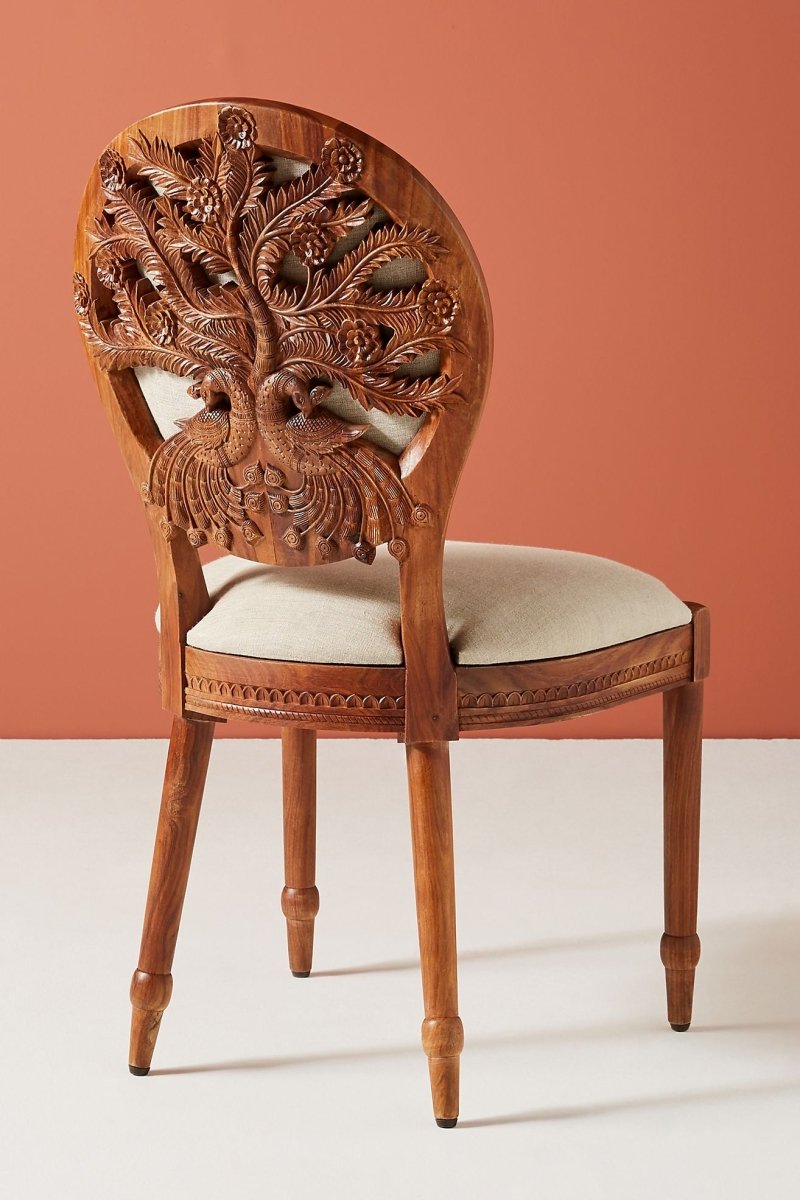 Hand Carved Peacock Design Wooden Dining Chair - Traditional Indian Handcrafted Furniture for Home Decor, Living Room, Dining Room & Office Use