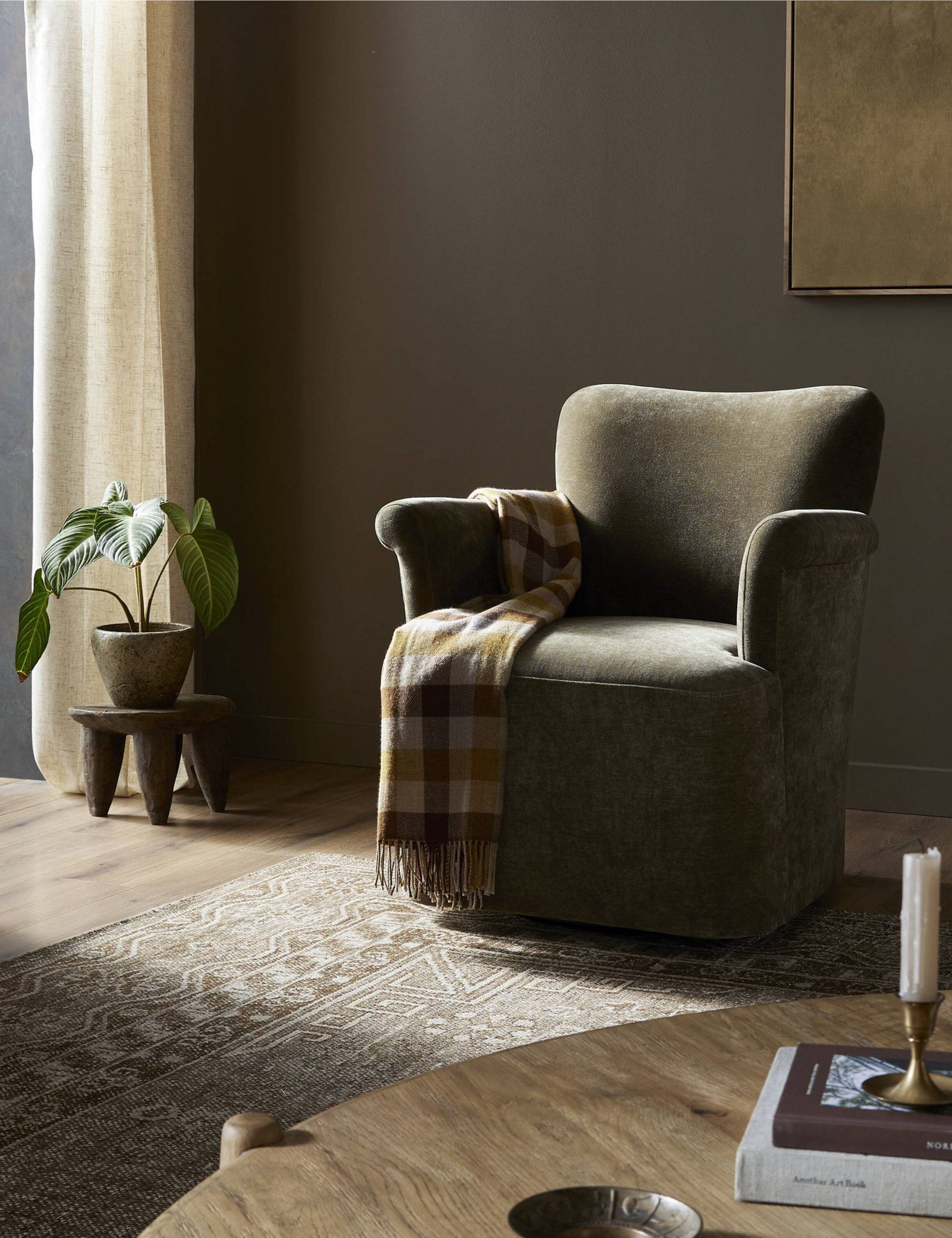 Amber Lewis x Four Hands Camellia Swivel Chair - Modern Velvet Upholstered Accent Chair for Living Room, Bedroom & Office - 360° Rotating Lounge Chair with Solid Wood Base