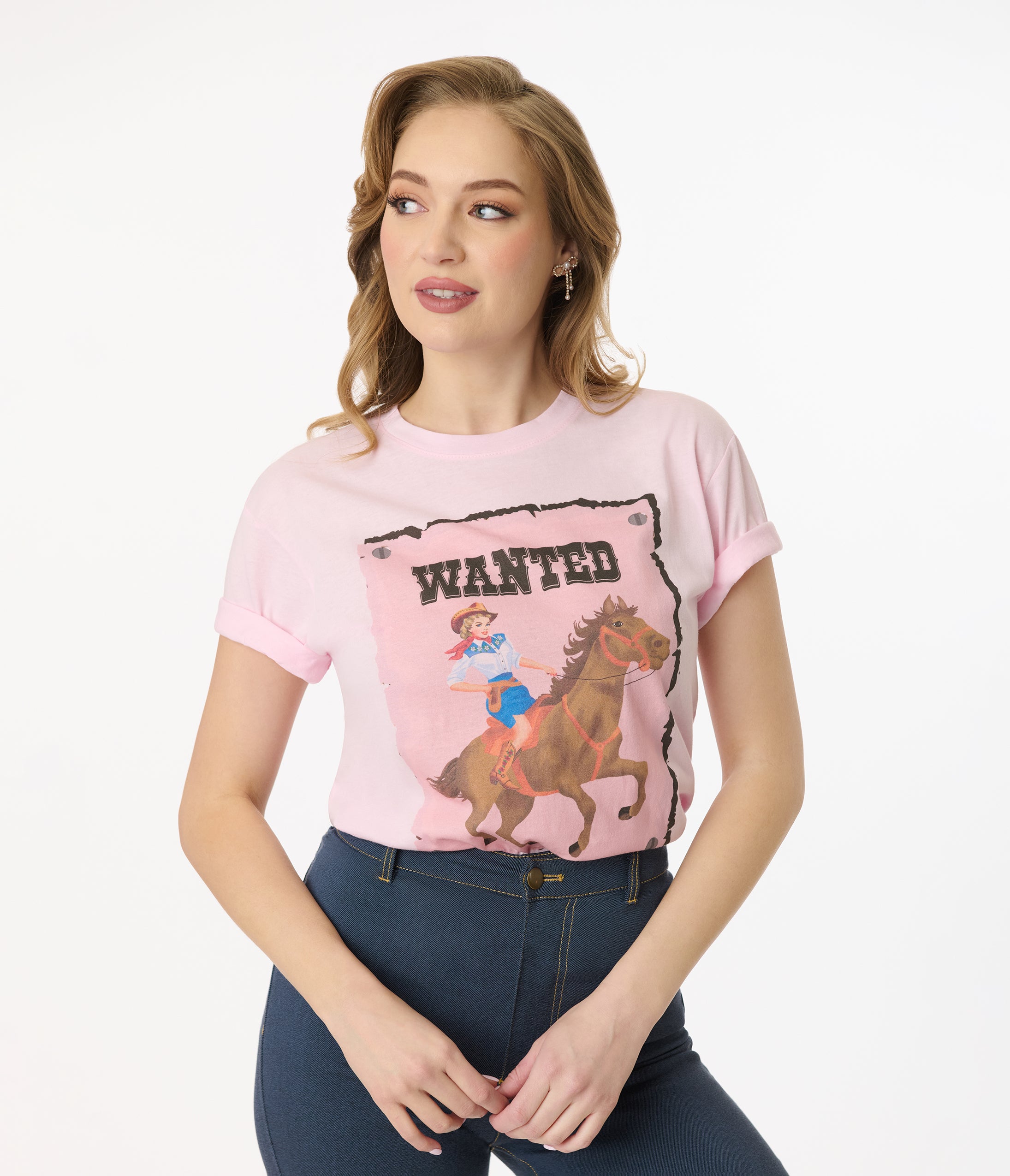 Vintage 1960s Light Pink Cowgirl Graphic T-Shirt - Retro Western Unisex Tee for Men & Women - Perfect for Halloween Costumes, Country Concerts & Western Themed Parties