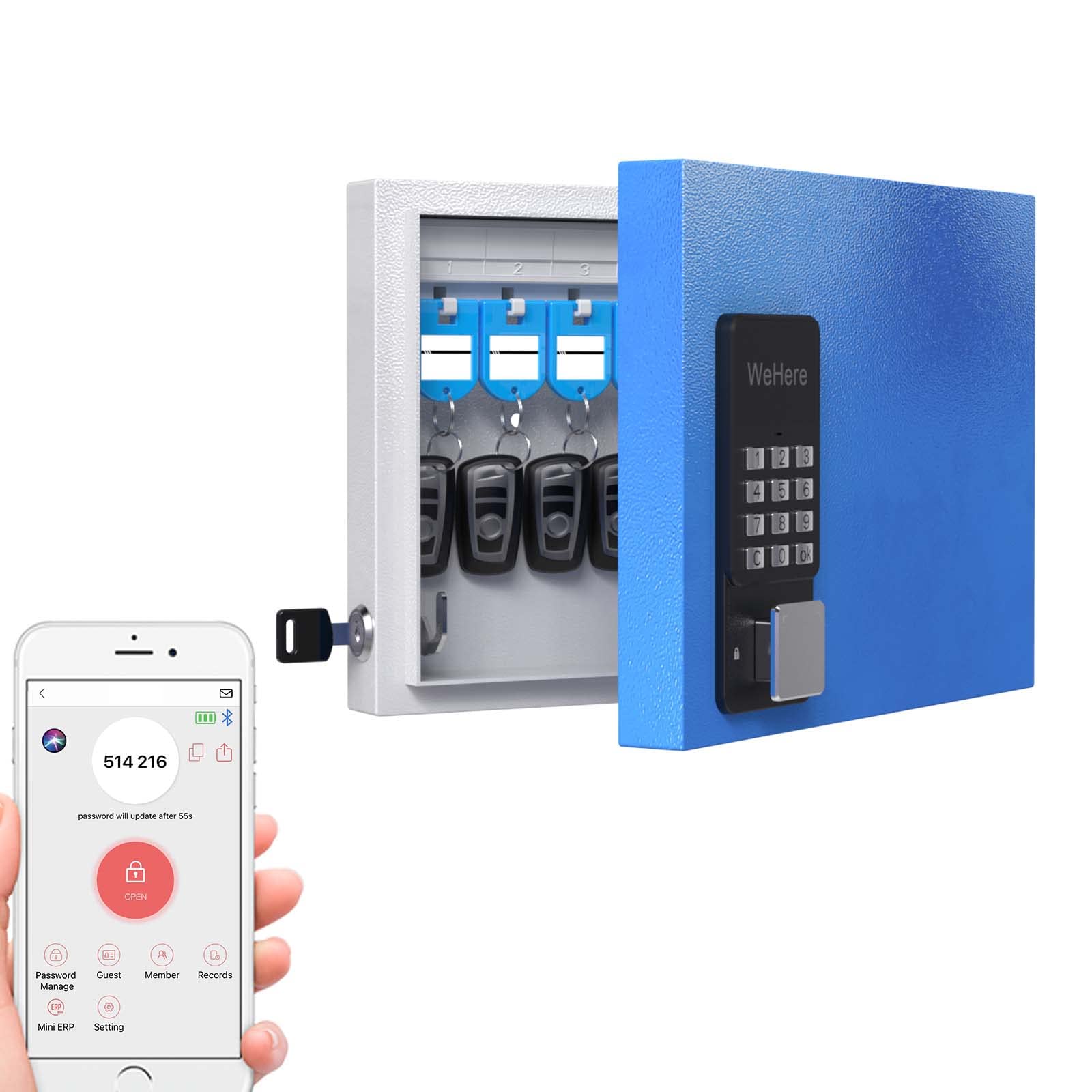 WeHere 16-Key Smart Lock Box Wall Mount - Bluetooth, OTP, Wi-Fi, Fixed Code & Key Unlock - Key Cabinet with Key Tag - Key Organizer Holder for Office, Valet, Realtor, Hotel - Perfect for Property Management, Vacation Rentals & Secure Key Exchange