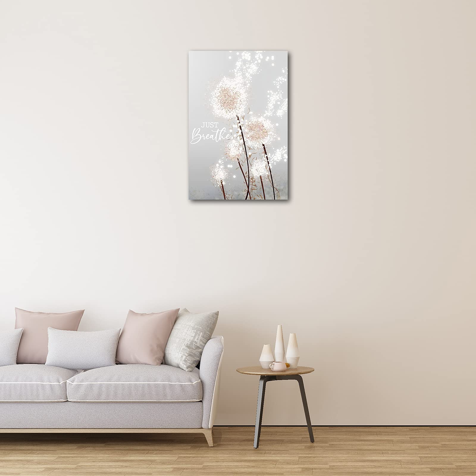 Just Breathe Dandelion Wall Art Canvas Print - 12x18 Inch Framed Meditation Decor for Bedroom & Bathroom - Ready to Hang Wall Decor for Yoga Studio, Spa & Home Office