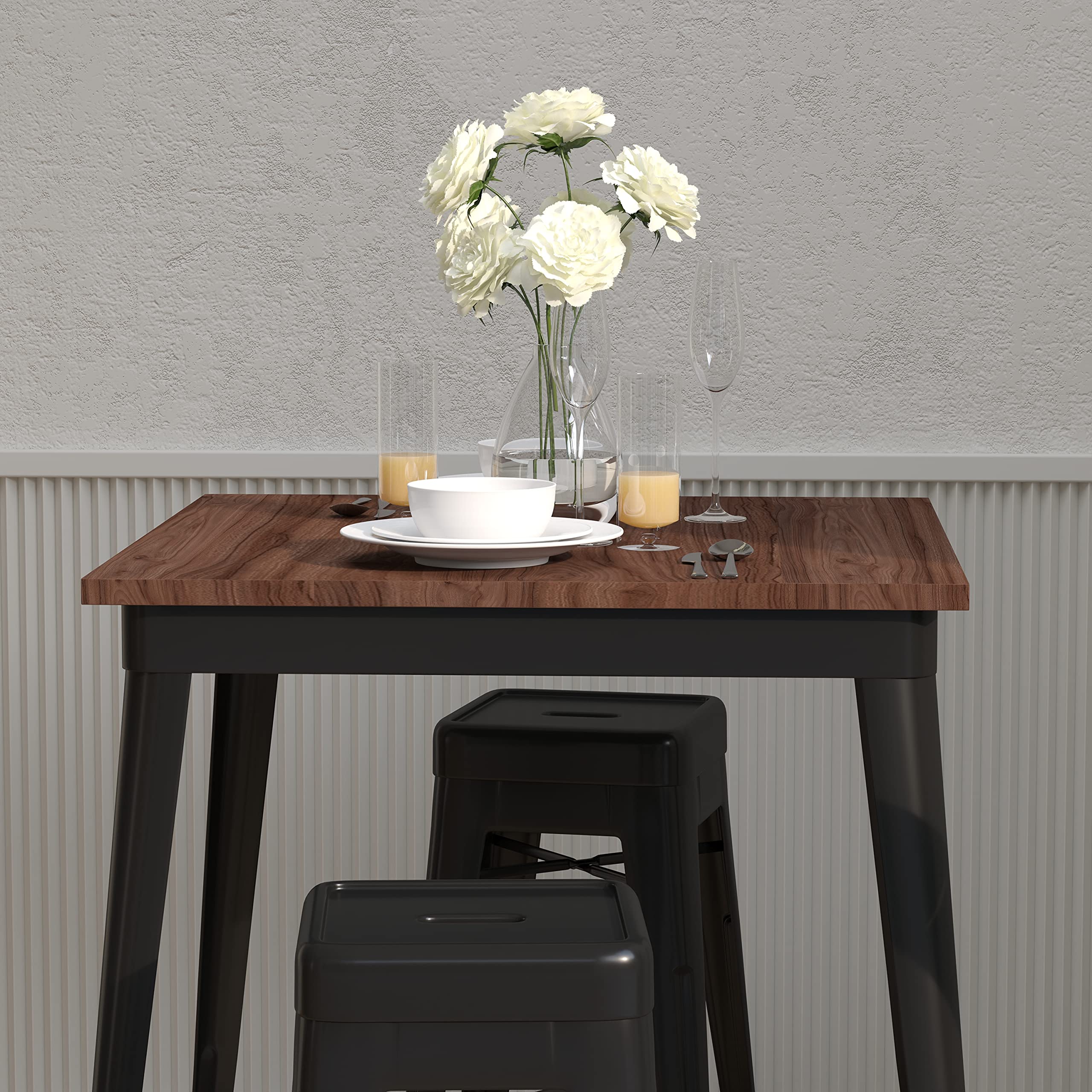Merrick Lane Ardennes Dining Table - 31.5 Inch Square Black Steel Frame with Walnut Wood Top - Modern Kitchen & Dining Room Furniture for Small Spaces