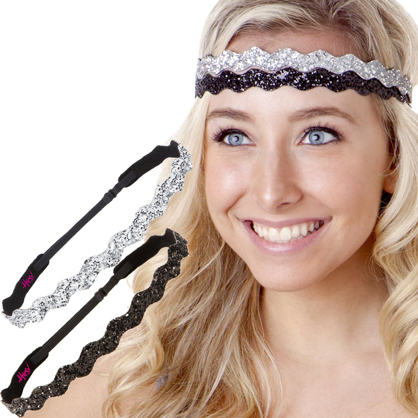 Adjustable Non-Slip Glitter Hair Headbands for Women & Girls - 2 Pack Fashion Bling Headbands (Wave Silver & Black) | Perfect for School, Sports, Work & Everyday Styling