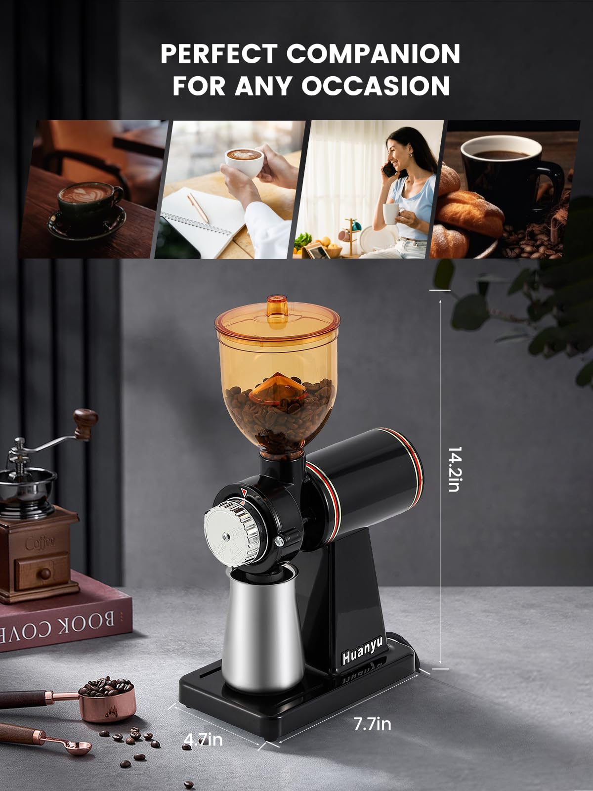 Premium Electric Stainless Steel Coffee Grinder with 8 Adjustable Grind Settings - Flat Burr Mill for Espresso, French Press & Drip Coffee - Perfect for Home & Office Use - Black
