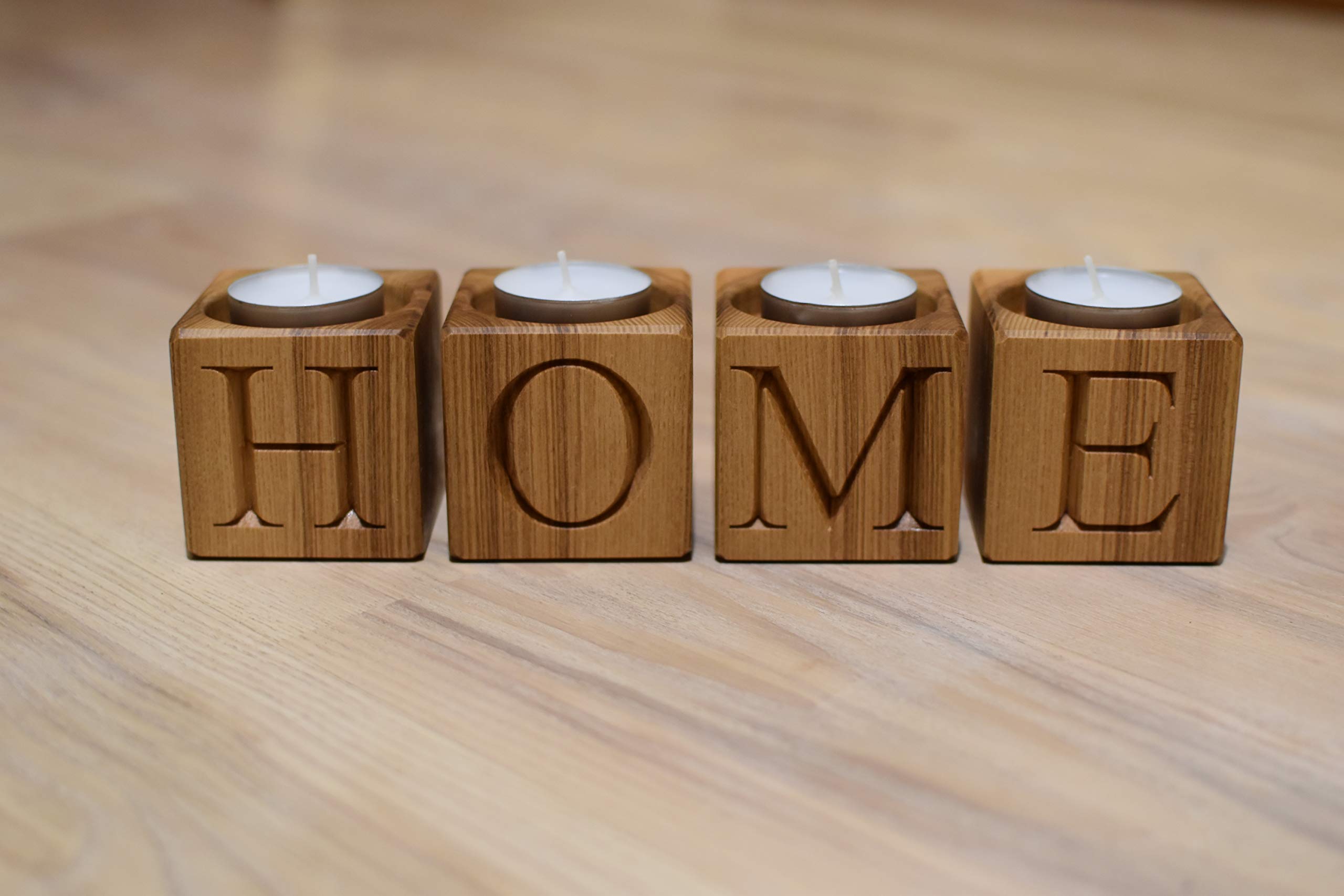 4 Wooden Candle Holders - Rustic Engraved Tealight Holders with Letters for Home Decor | Perfect for Christmas, Advent, Wedding Centerpieces and Farmhouse Style Decor