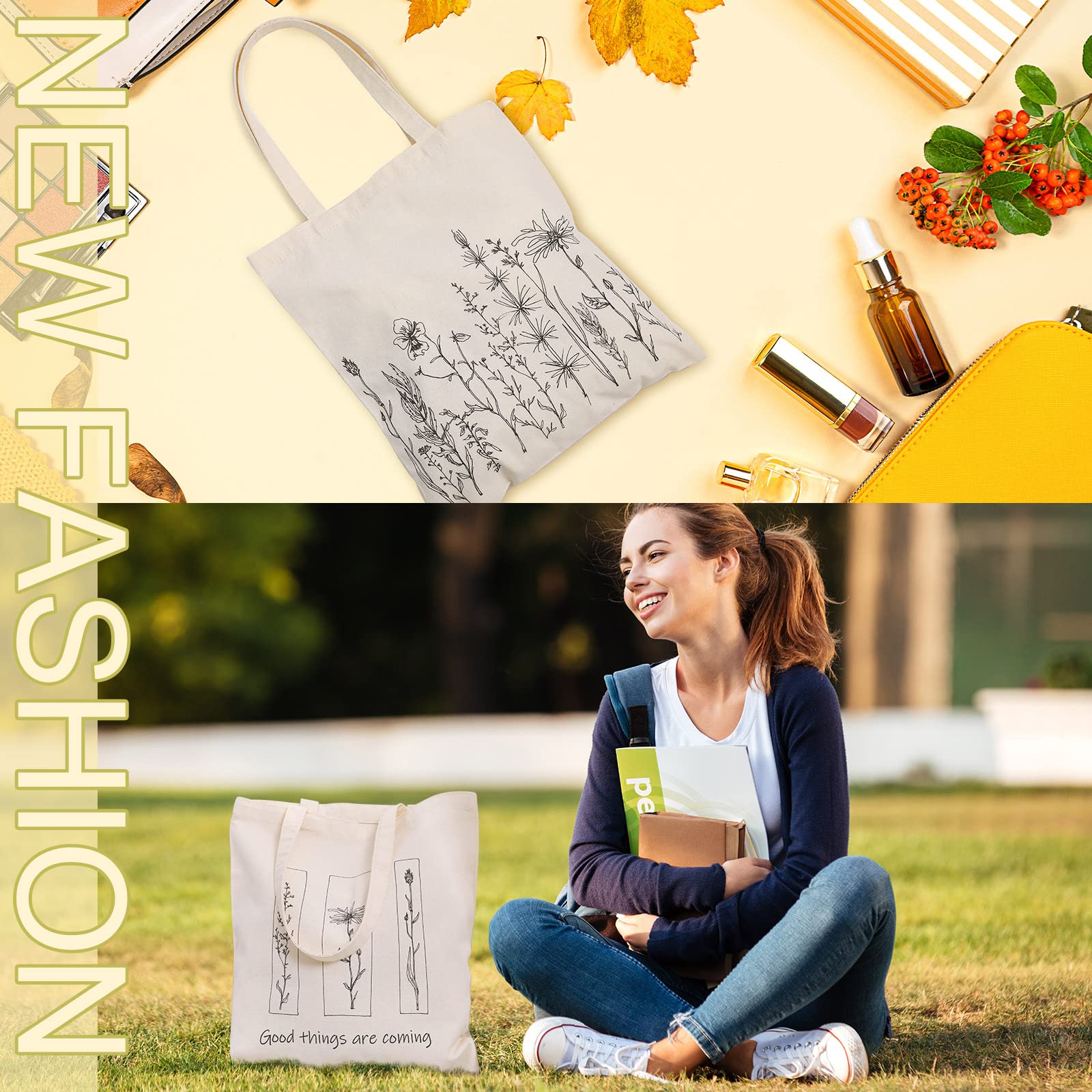 Stylish 4-Pack Canvas Tote Bags for Women - Eco-Friendly Reusable Grocery Shopping Bags with Wildflower Print - Perfect for Grocery Shopping, Beach Trips, and Daily Errands