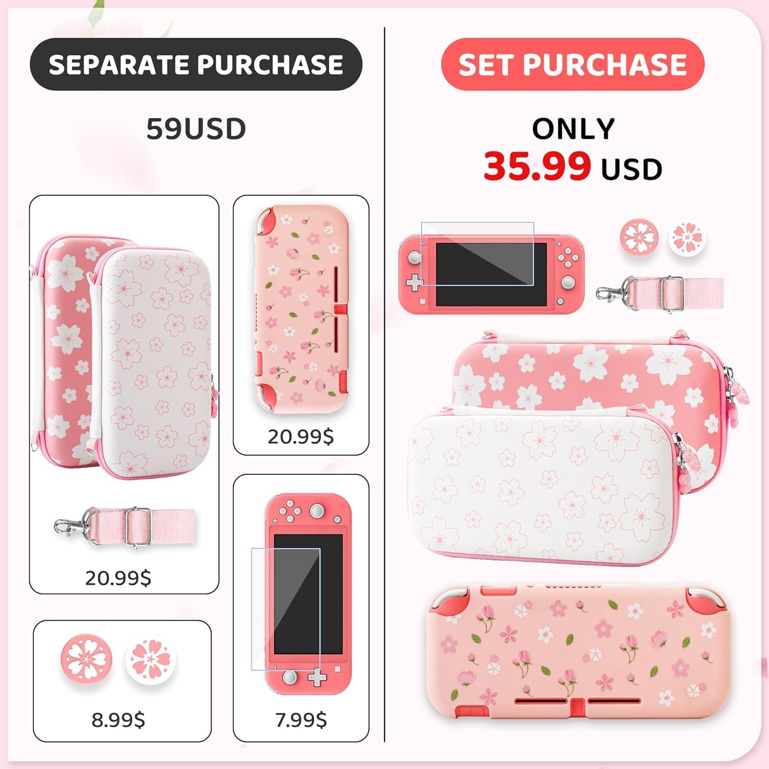RHOTALL Carrying Case for Nintendo Switch Lite - Protective Hard Shell, Screen Protector, Adjustable Shoulder Strap & 2 Thumb Grips (Rose/White) - Perfect for Travel, Gaming On-The-Go & Storage Protection