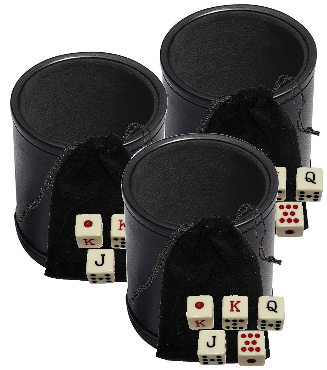 Premium Black PU Leather Dice Cup Set with 16mm Ivory Spanish Poker Dice & Storage Pouch - 3 Pack for Casino Night, Poker Games, Board Game Accessories & Party Entertainment