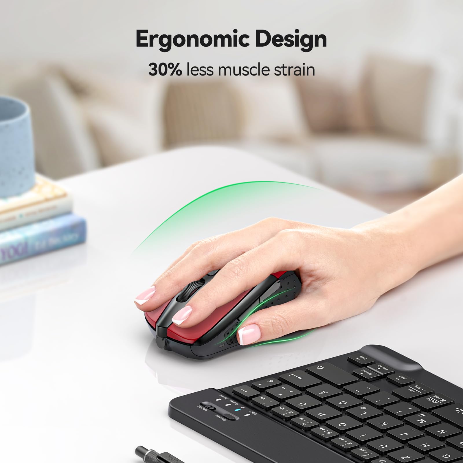 TECKNET Wireless Silent Mouse - 2.4G Optical Cordless USB Mouse with Quiet Click, 6 Adjustable DPI up to 4000 for Laptop, Chromebook, PC - Red | Perfect for Office, Library & Noise-Sensitive Environments