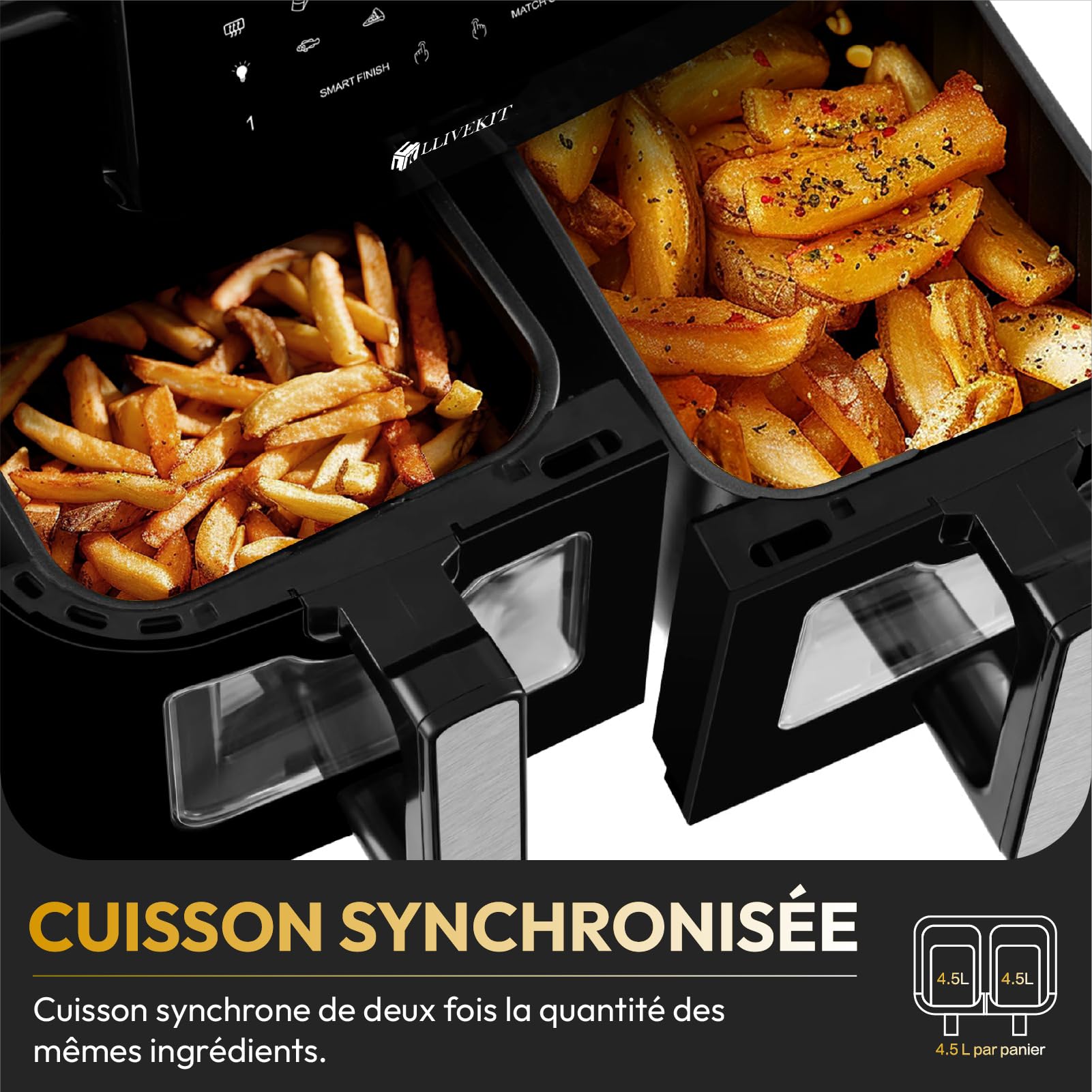 LLIVEKIT 9L Dual Drawer Air Fryer with LED Touch Panel, 9 Preset Menus, Non-Stick Baskets & Grids, Match Cook & Smart Finish Functions, 2400W, Black – Perfect for Family Cooking, Healthy Meals, and Quick Snacks