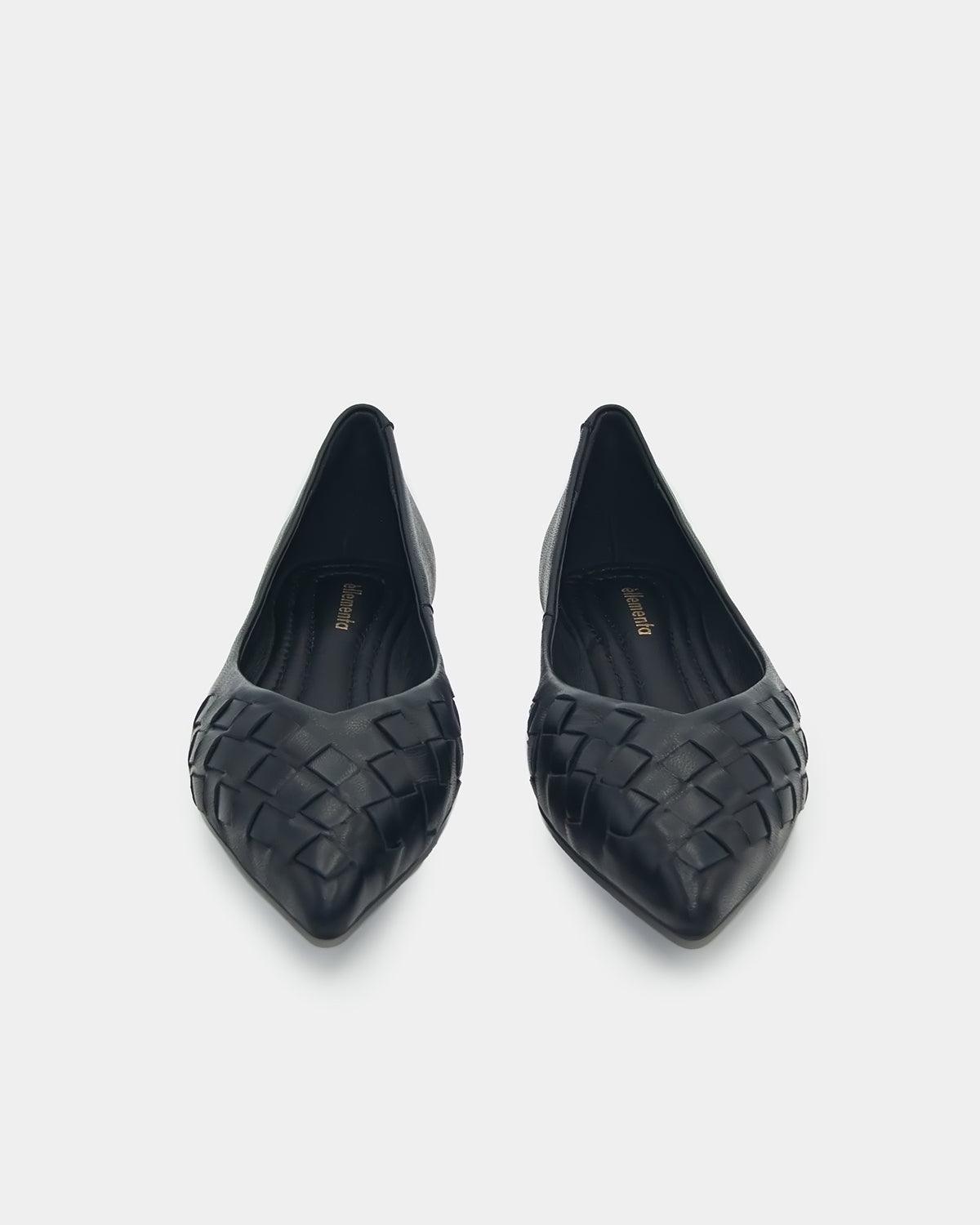 Black Woven Leather Pointed Toe Flats for Women - Comfortable Dress Shoes for Office, Party & Wedding - Stylish Loafers with Cushioned Insole