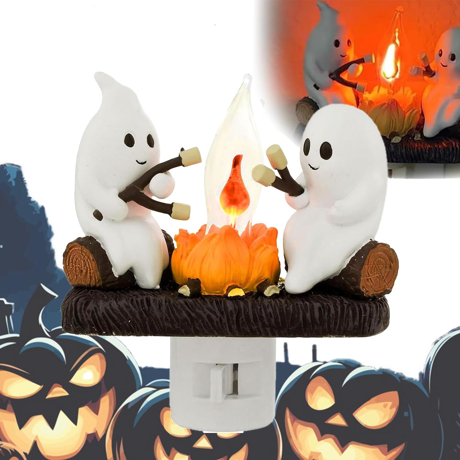 Ghost Campfire Flickering LED Night Light - Halloween Decor with Roasting Marshmallows Ghost - Spooky Flame S'Mores Wall Plug-in Nightlight (2 Pack) for Bedroom, Kids Room & Halloween Party Decorations