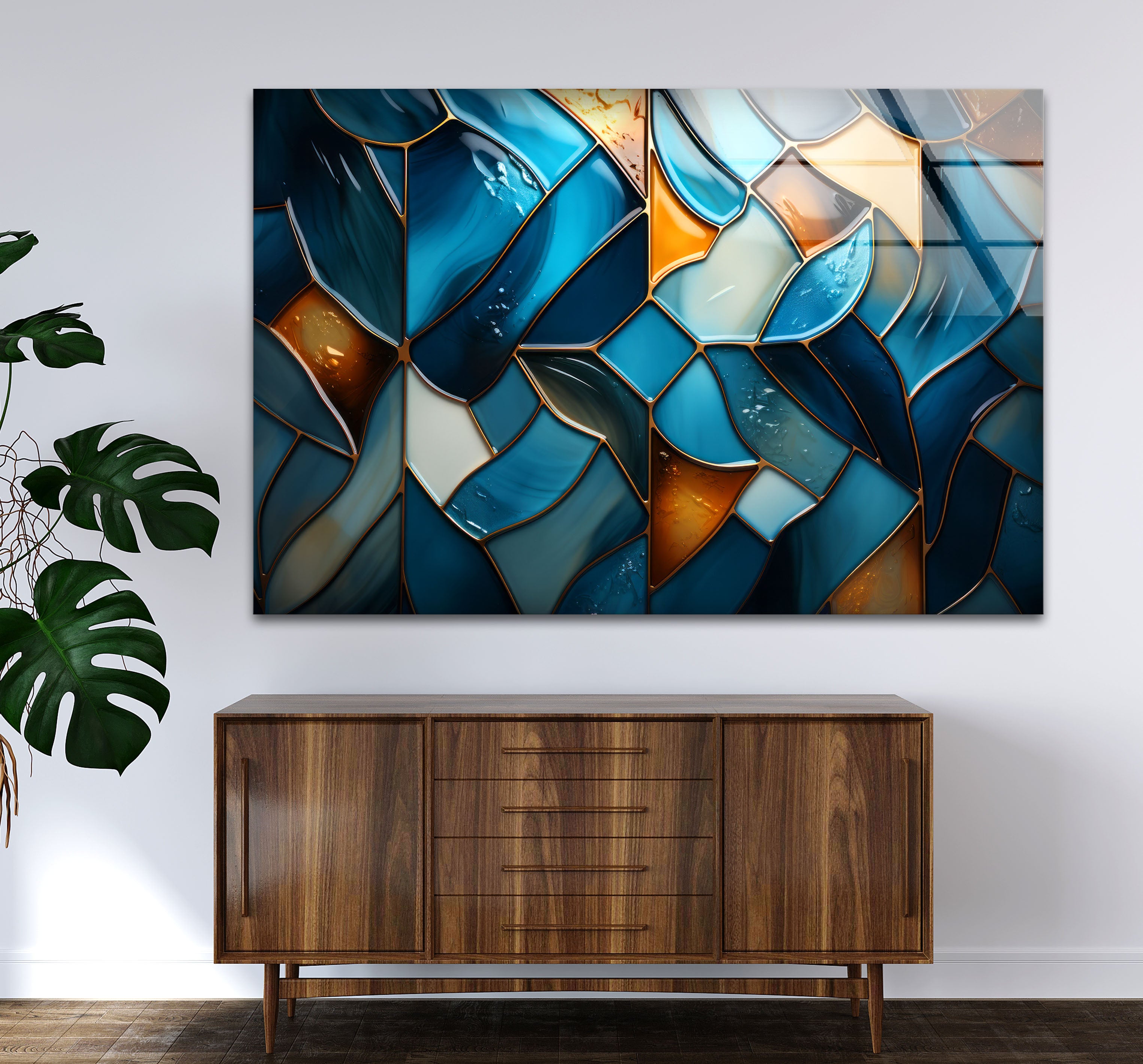Blue Stained Glass Wall Art - Abstract Mosaic Glass Print Decor for Living Room, Bedroom & Office | Handmade Modern Home Decor